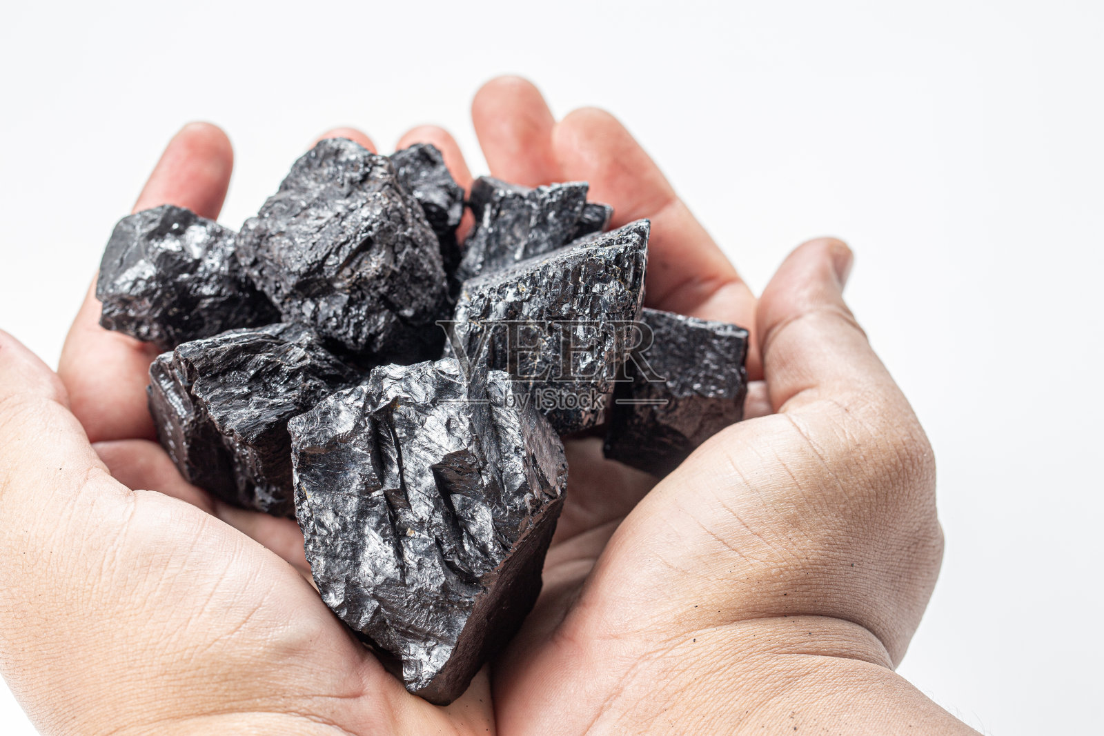 手里拿着煤和植物,在白色的背景上照片摄影图片