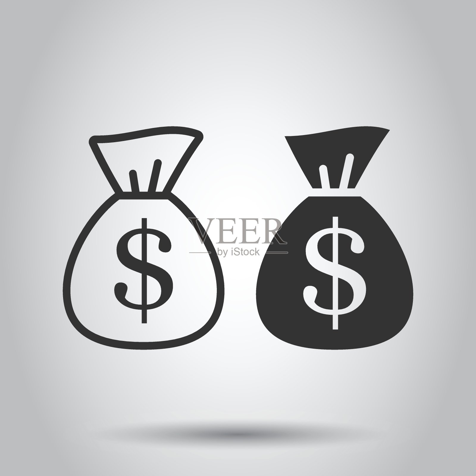 钱袋图标在平坦的风格。钱袋与美元矢量插图在白色孤立的背景。现金袋经营理念。插画图片素材