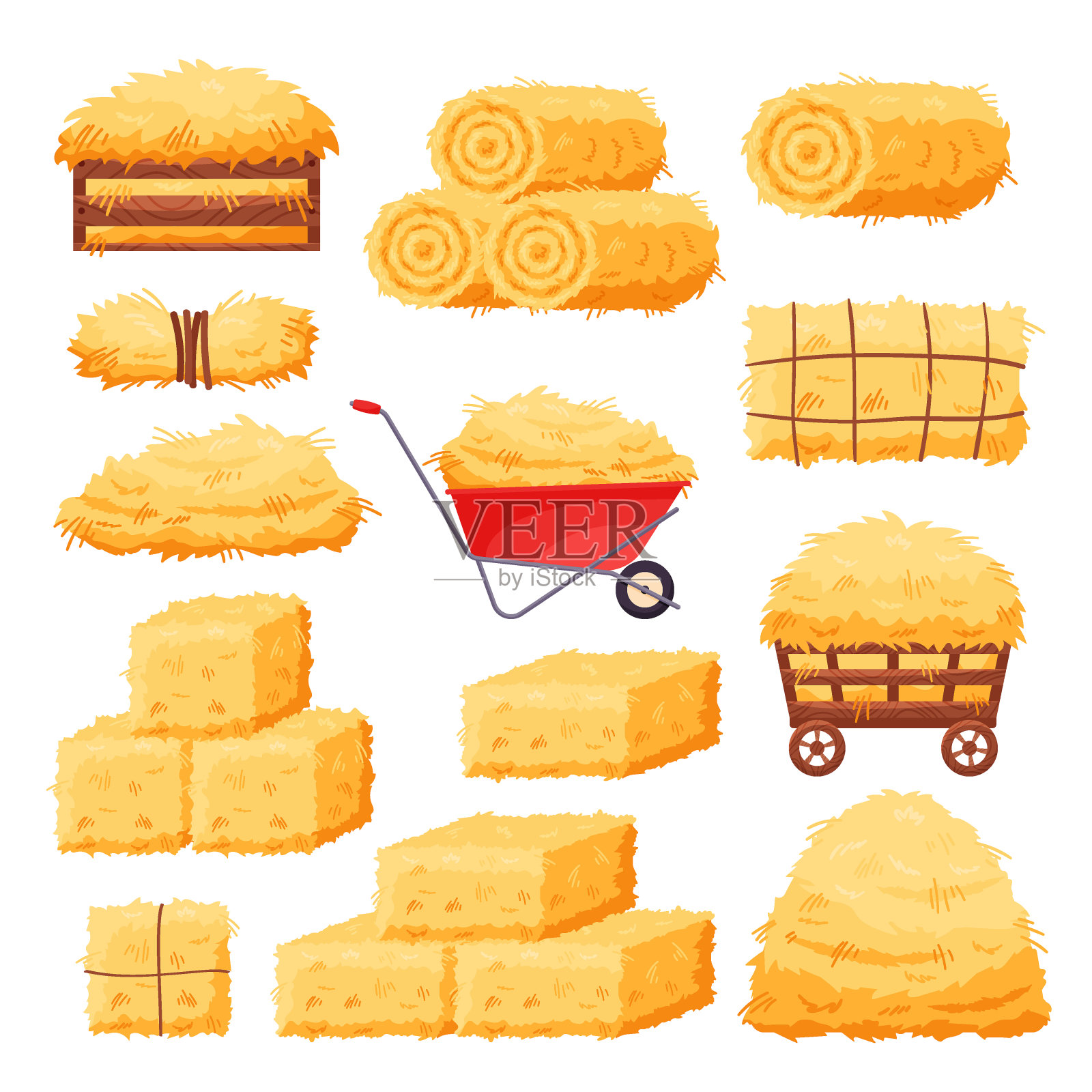 一捆干草。平坦的干草堆在货车和木箱上,饲料稻草在红色手推车上白色。农场干草堆设计元素图片