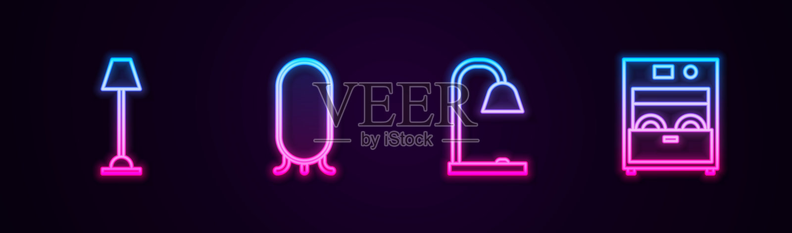集落地灯、大长镜、餐桌、厨房洗碗机于一体。发光的霓虹灯图标。向量插画图片素材