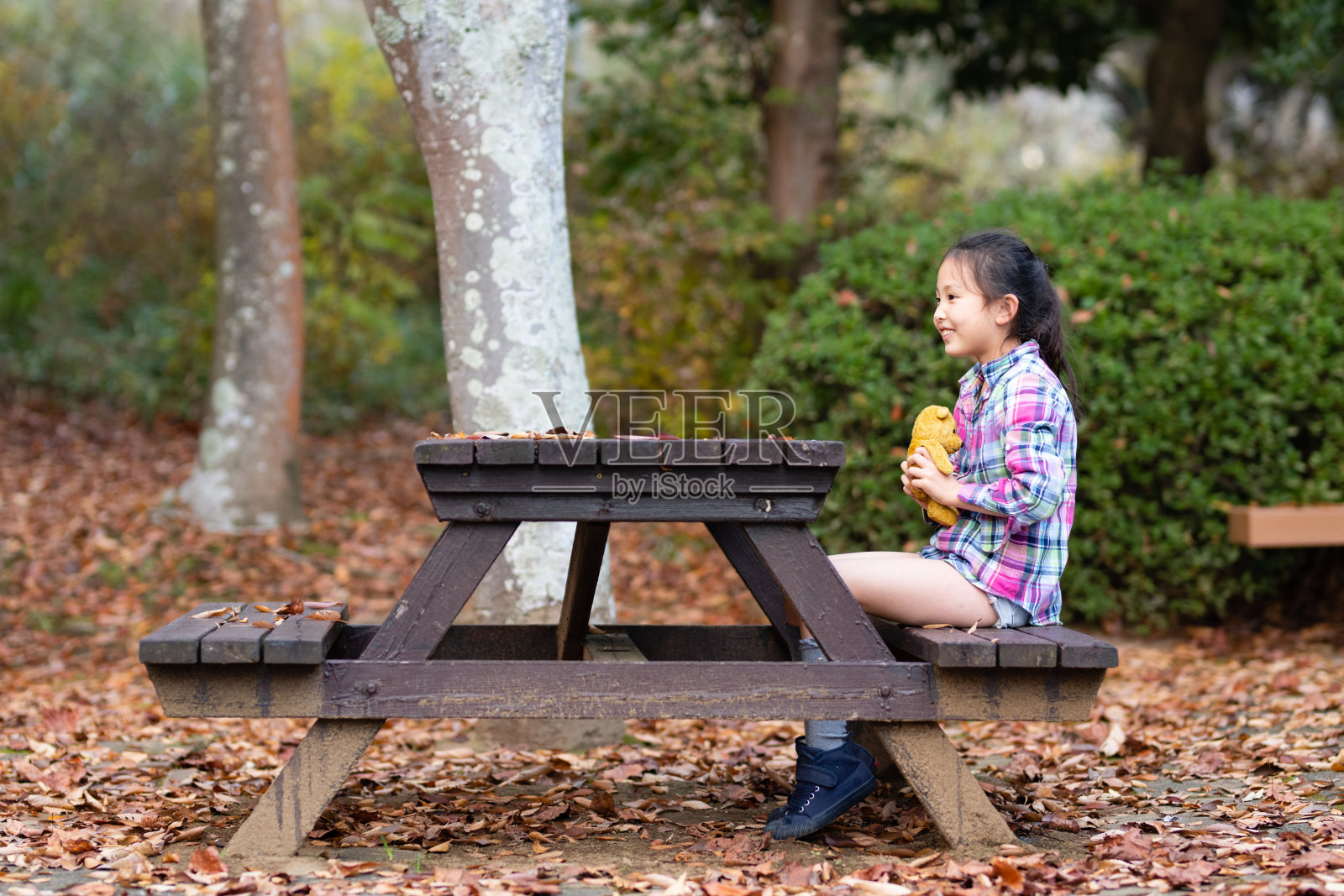 女孩在公园的长椅上玩泰迪熊照片摄影图片