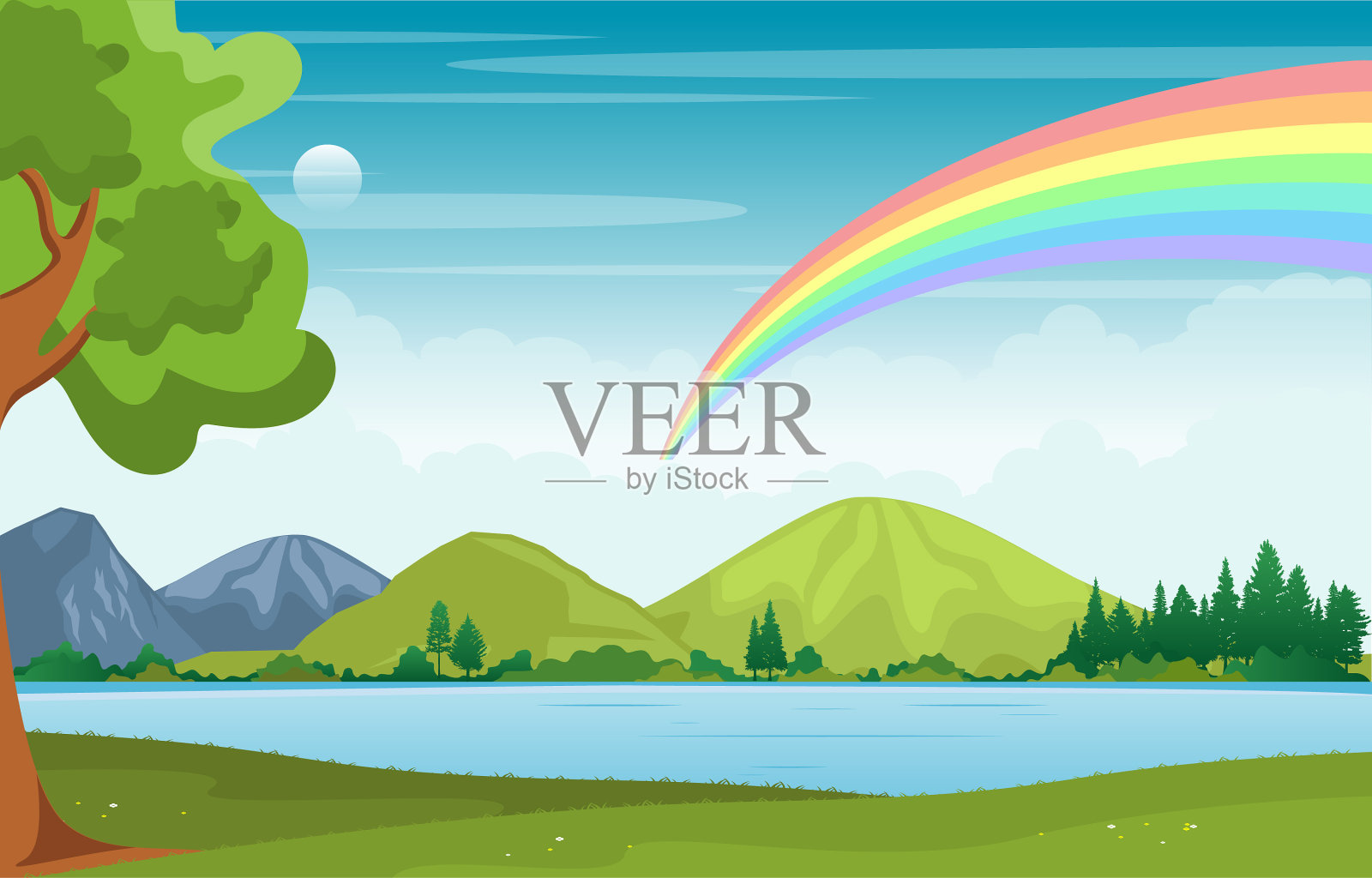 美丽的彩虹天空和绿色草地山插画图片素材