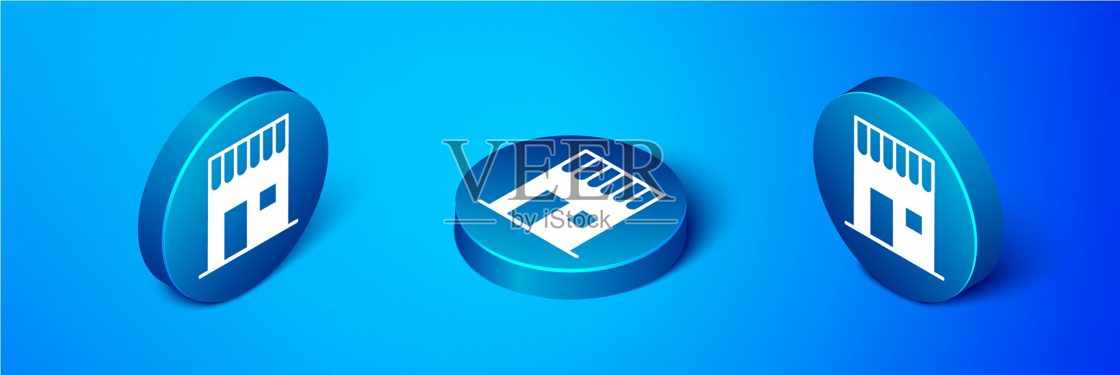 等距咖啡店图标孤立在蓝色图标素材