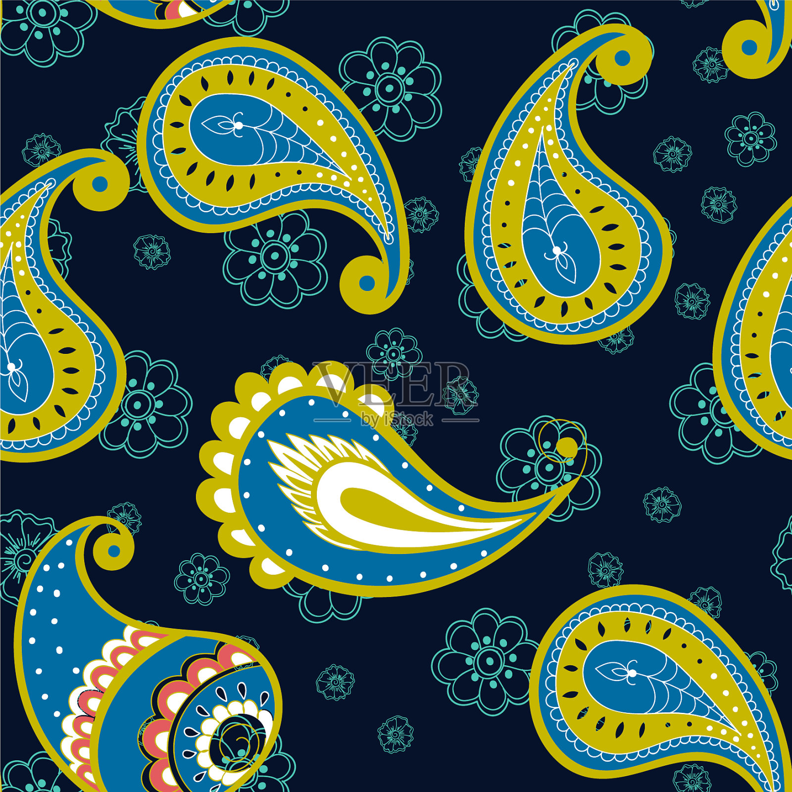 蓝叶复古无缝民族图案插画图片素材