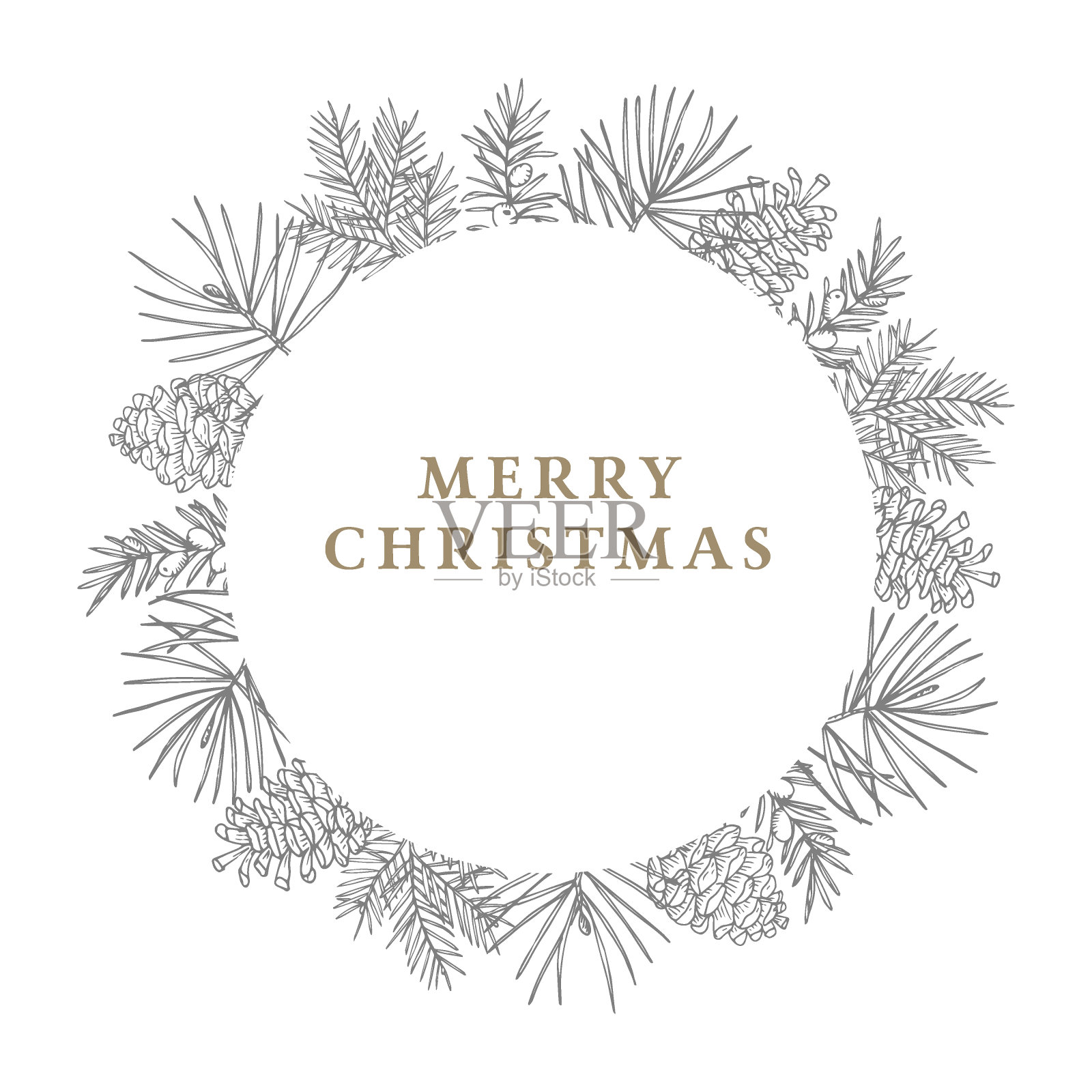圣诞快乐装饰复古贺卡,邀请函。节日花卉圆圈框架。手绘松树、紫杉树枝和松果花环。独立雕刻插图,冬季设计插画图片素材