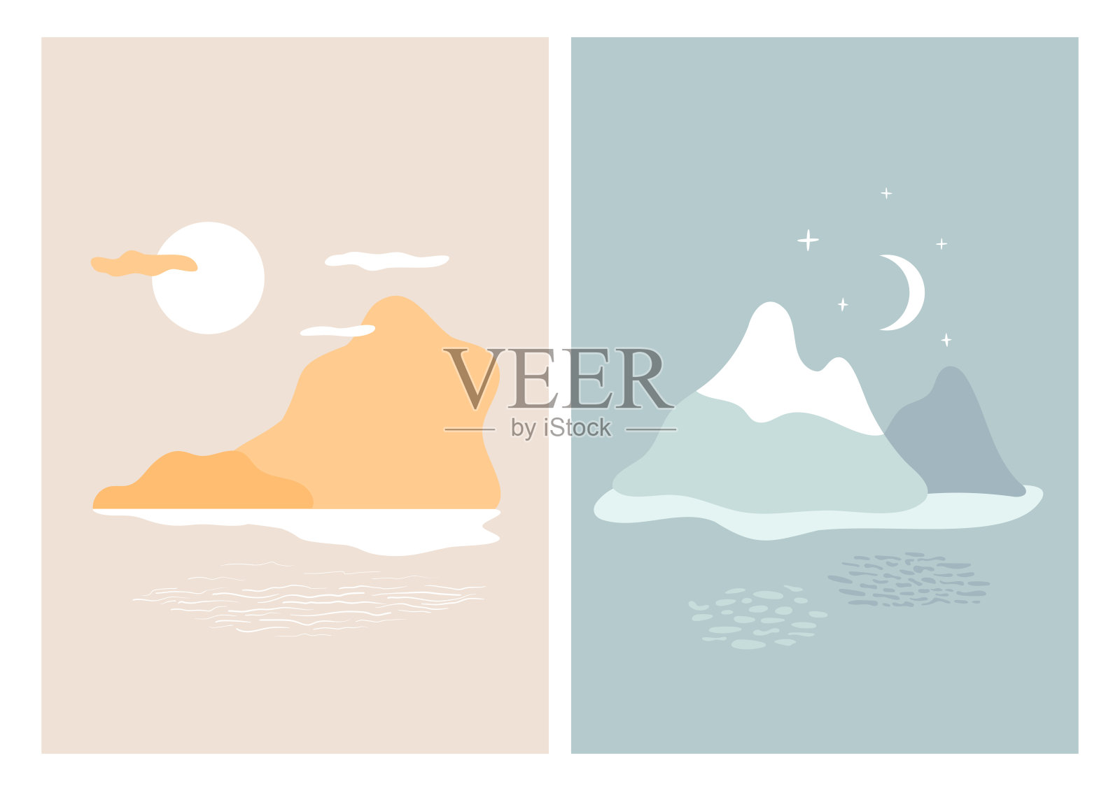 一组2抽象的风景。夏日,山峦映水。夜景与雪山覆盖。插画图片素材