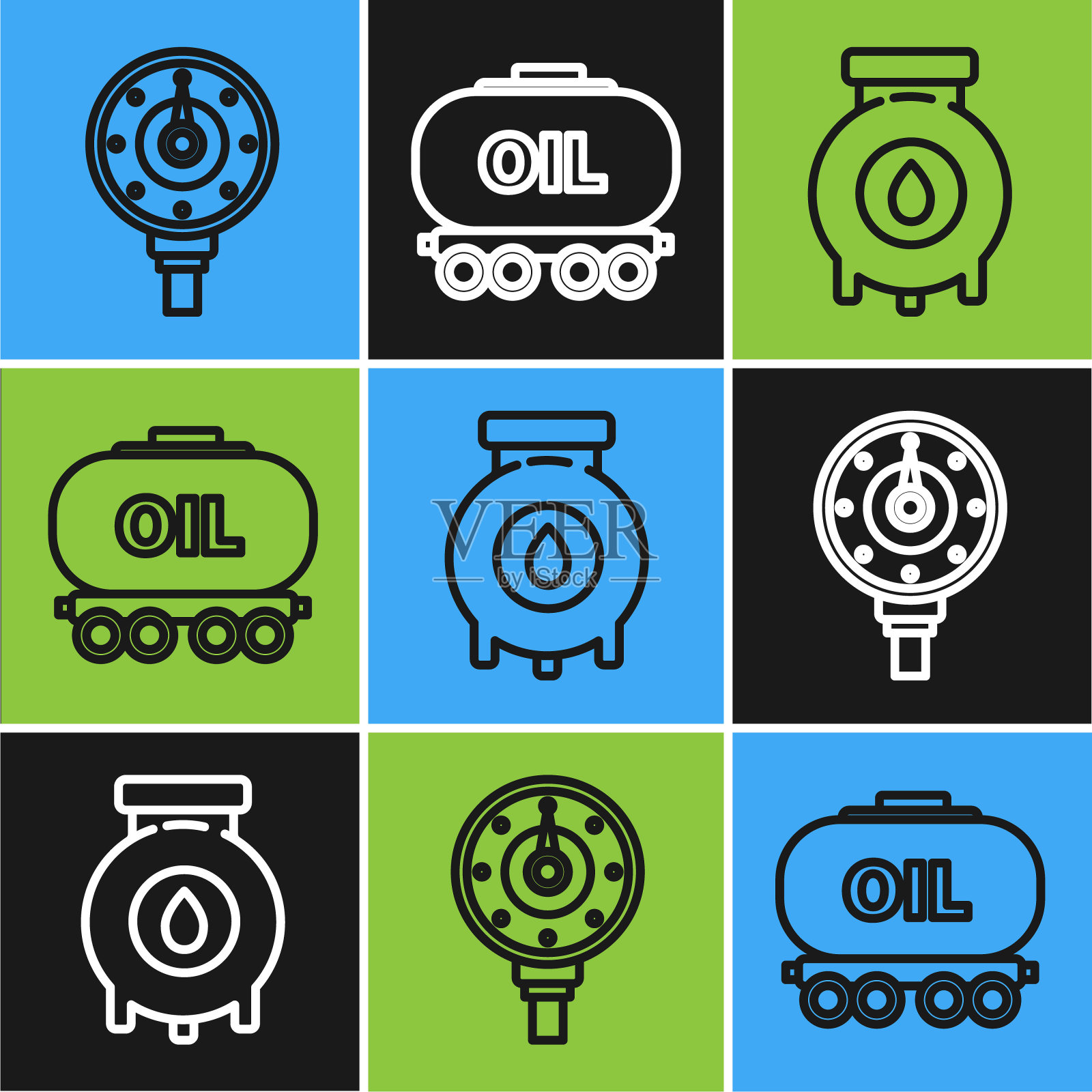 设置线路电机气表、油气工业厂房、油路水箱图标。向量图标素材