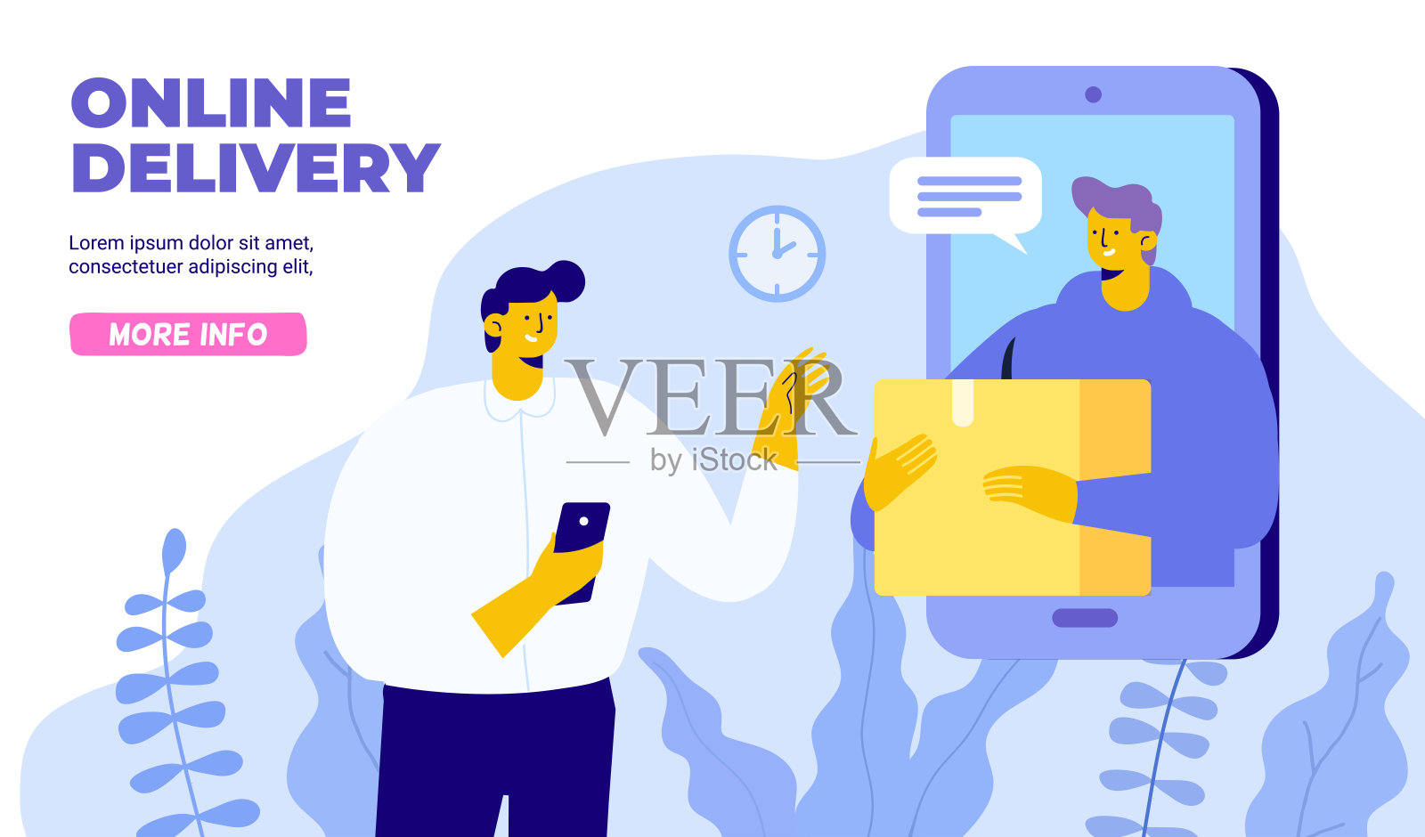 年轻人通过智能手机屏幕从快递员那里接收包裹。应用概念的网上购物和订单交付。网上交付的概念。平面向量插图设计模板素材