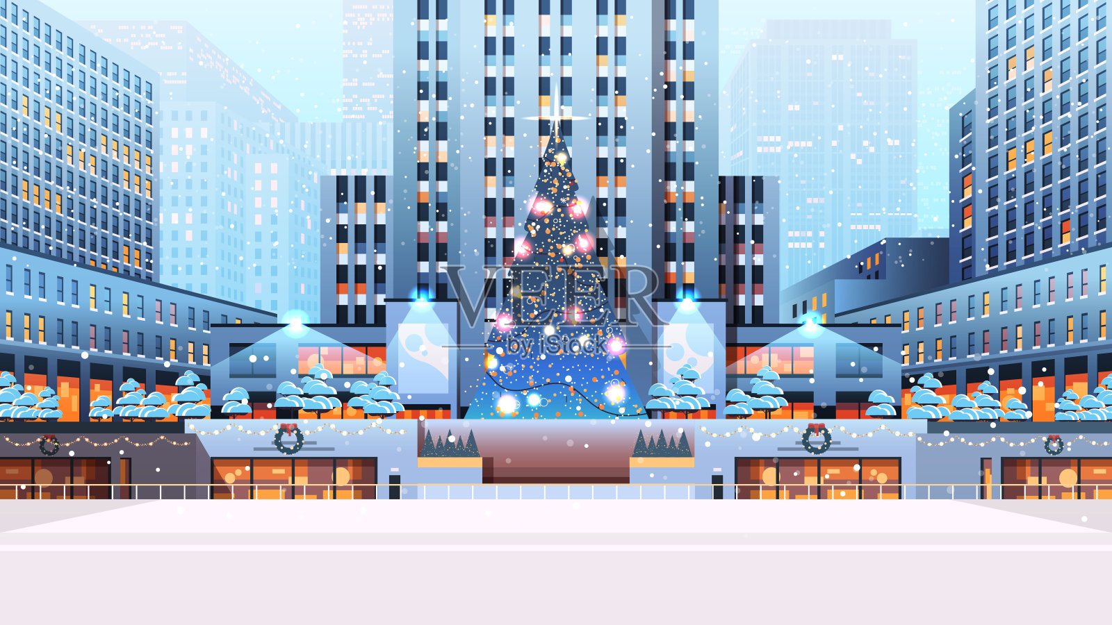 市中心广场上装饰着圣诞树,庆祝新年快乐的冬季节日概念插画图片素材