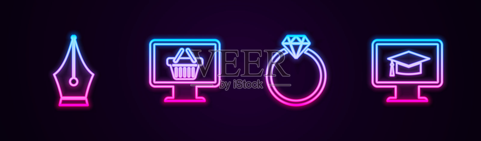 钢笔笔尖,带购物篮的显示器,钻石订婚戒指和毕业帽。发光的霓虹灯图标。向量插画图片素材
