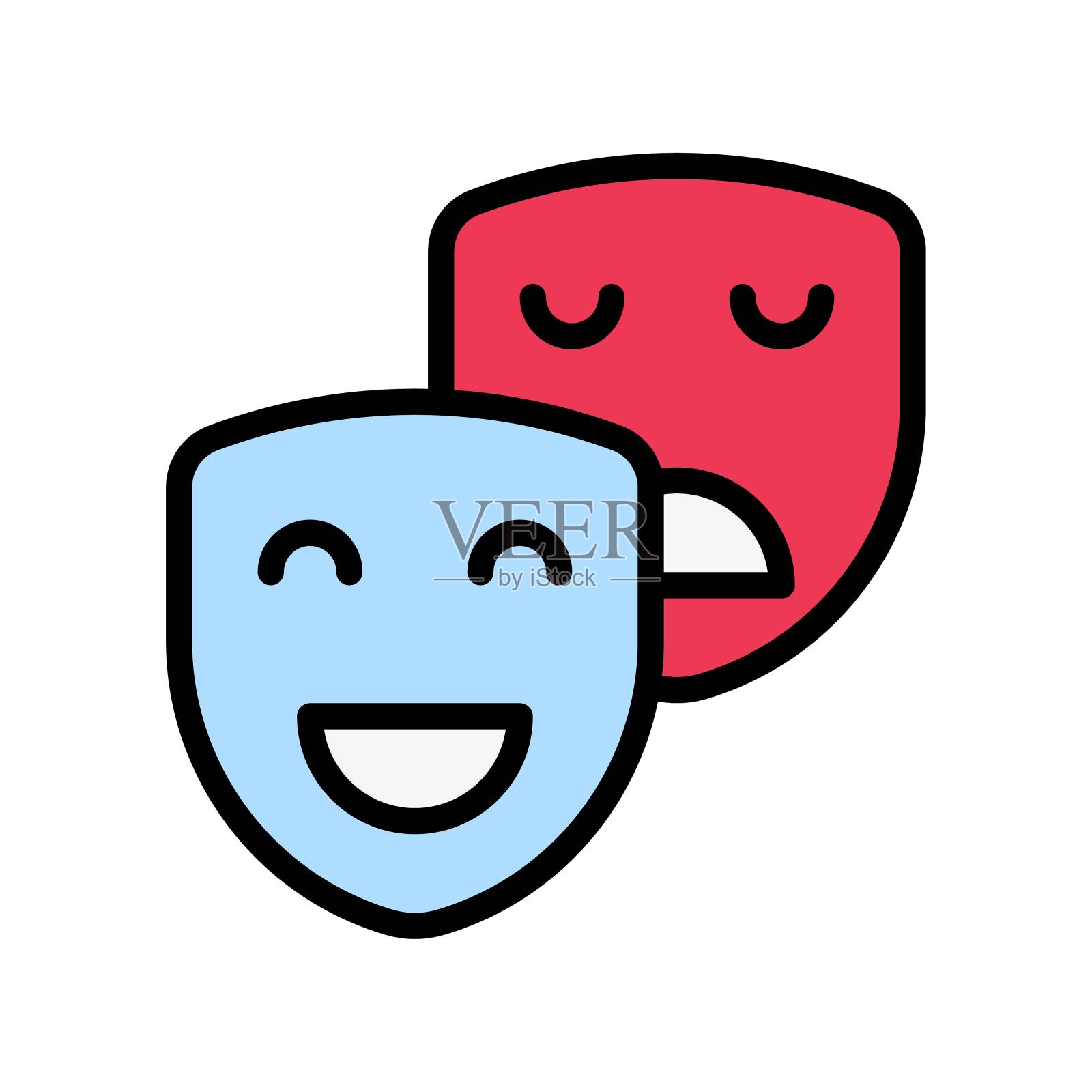 带有可编辑笔画的悲伤和快乐脸矢量的高中相关面具,插画图片素材