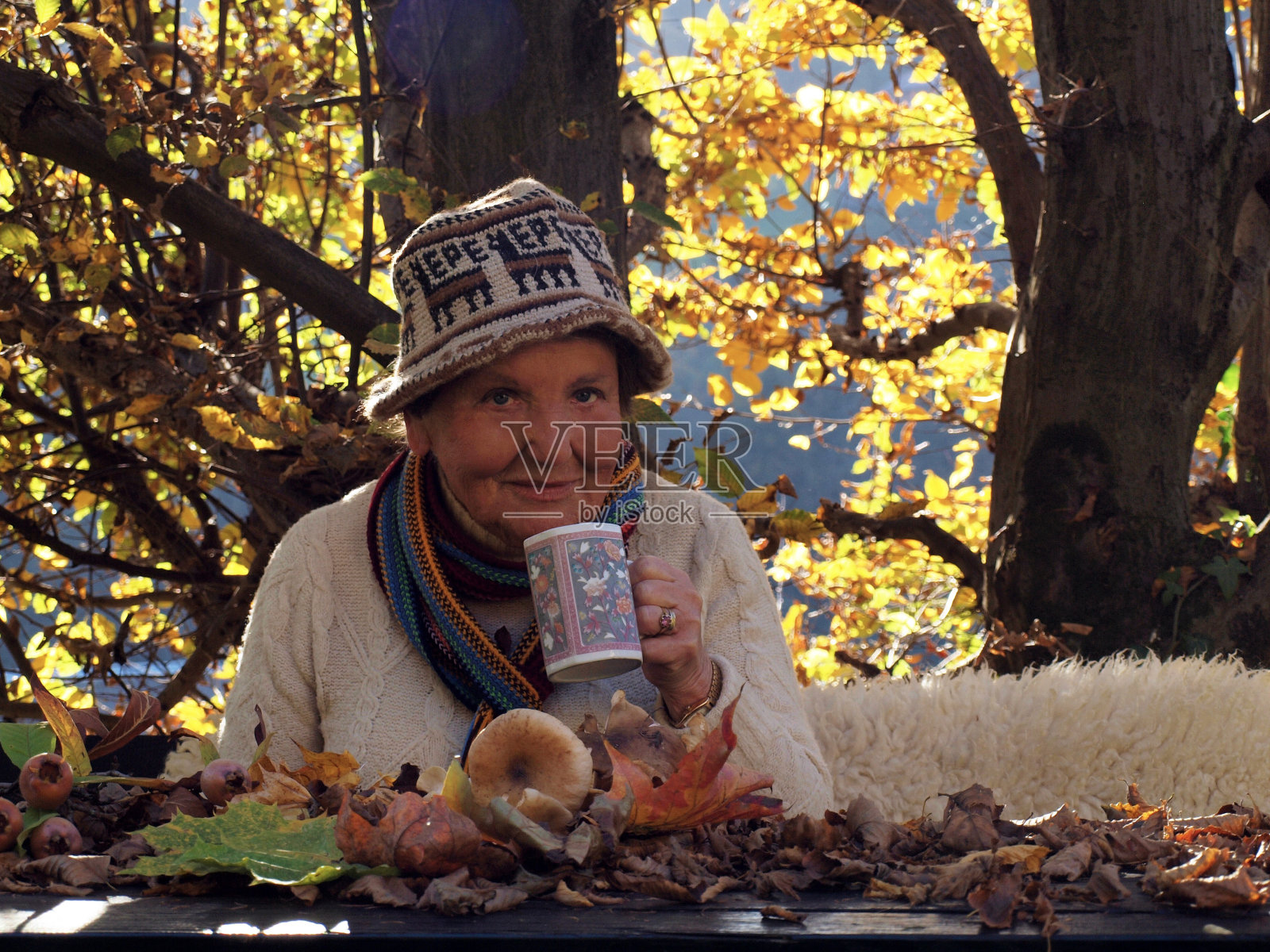 在一个阳光明媚的秋日,一位老妇人正在享受着饮酒的乐趣照片摄影图片