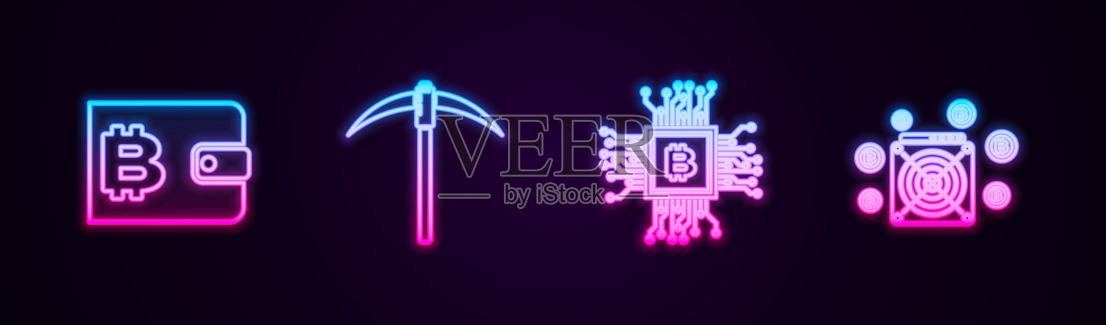 设置加密货币钱包,Pickaxe, CPU矿场和ASIC矿机。发光的霓虹灯图标。向量插画图片素材