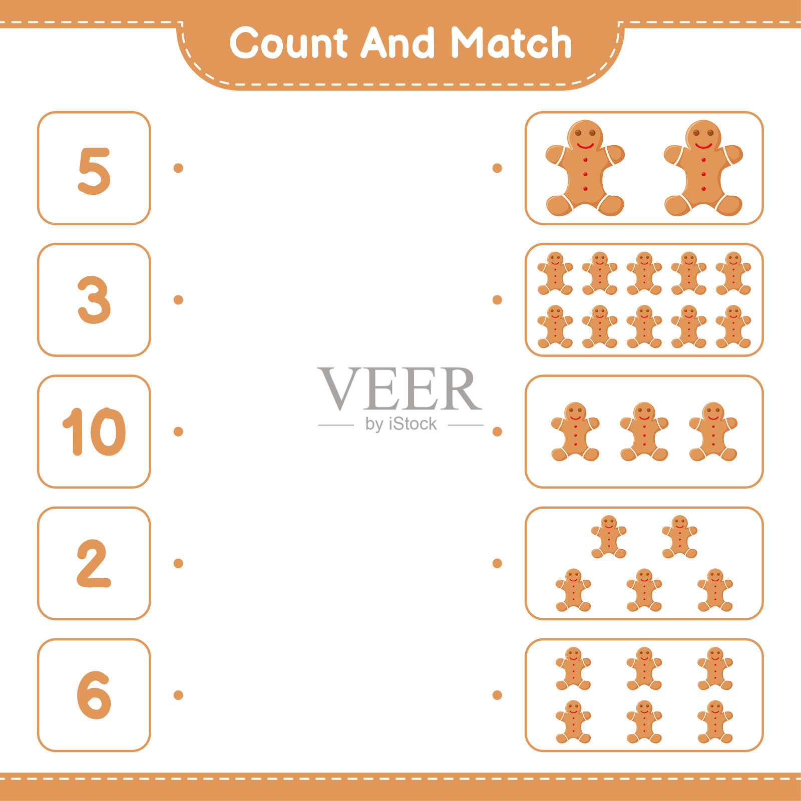 数并匹配,数姜饼人的数量并匹配正确的数字。教育儿童游戏,可打印的工作表,矢量插图插画图片素材