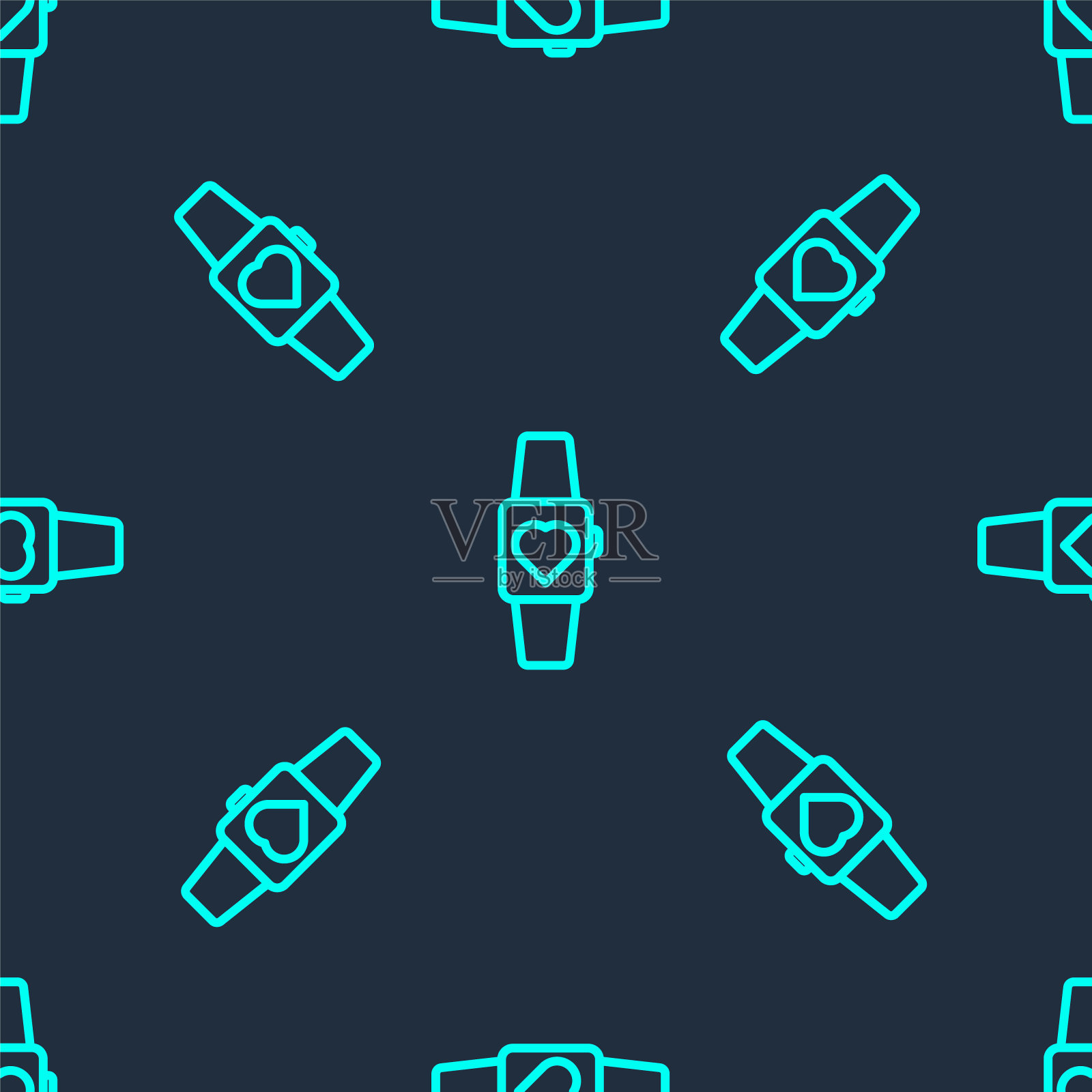 绿色线智能手表图标隔离无缝模式在蓝色背景。向量插画图片素材