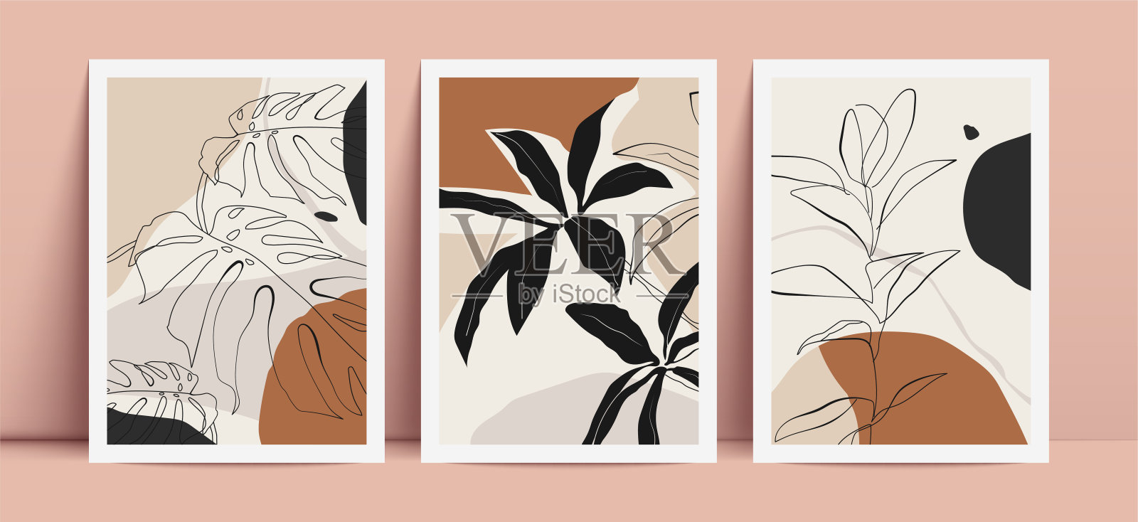 一套海报与热带树叶的元素和抽象的形状在赤陶颜色。插画图片素材