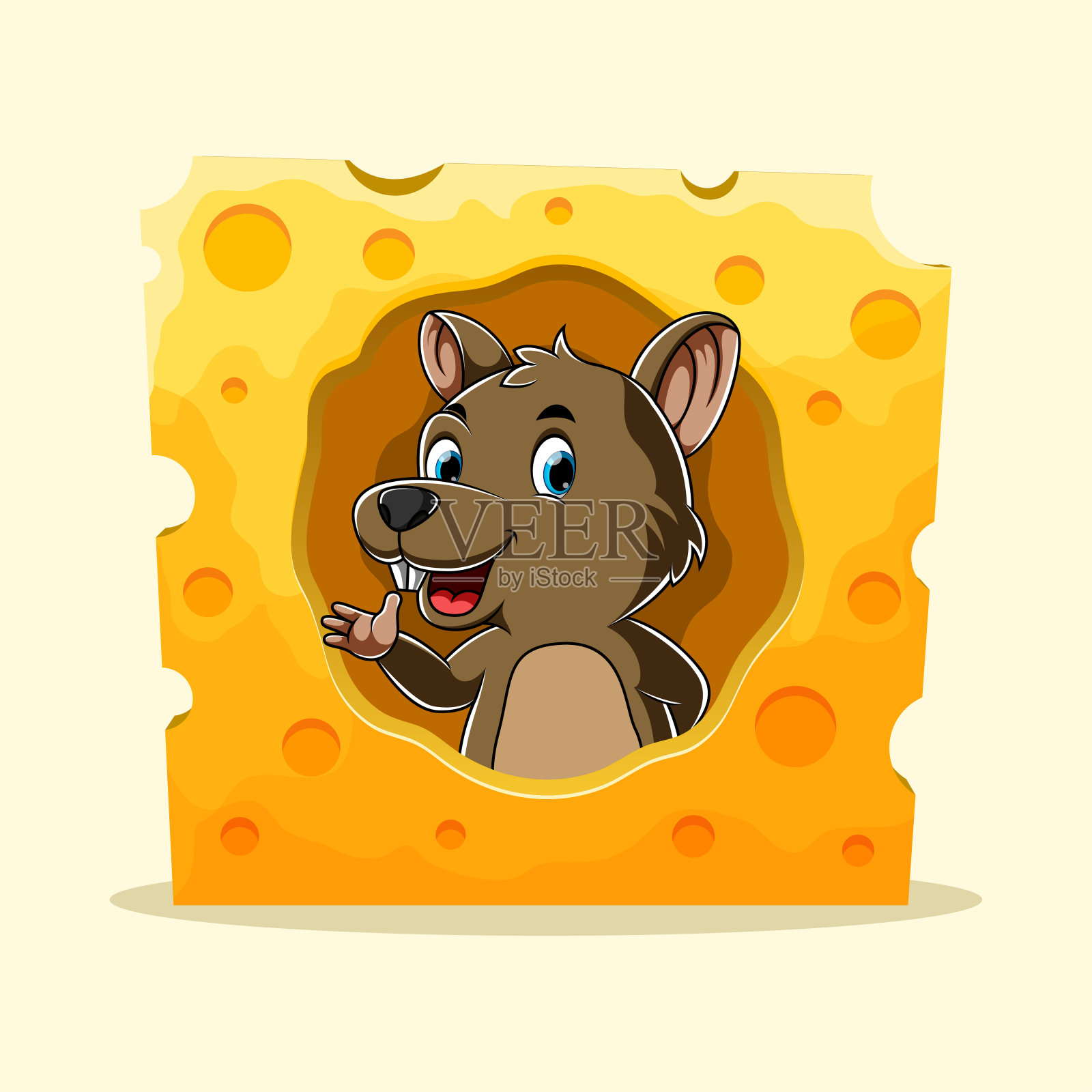 棕色的老鼠站在洞奶酪和大大的微笑插画图片素材