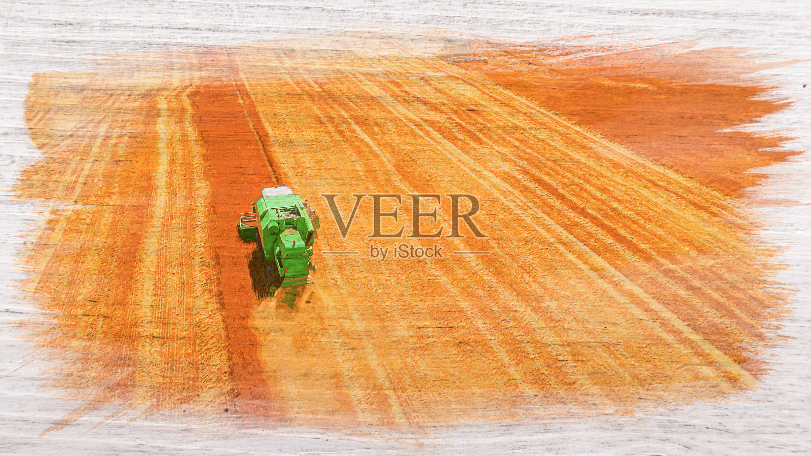 夏季收割机在田间劳作的水彩画照片摄影图片