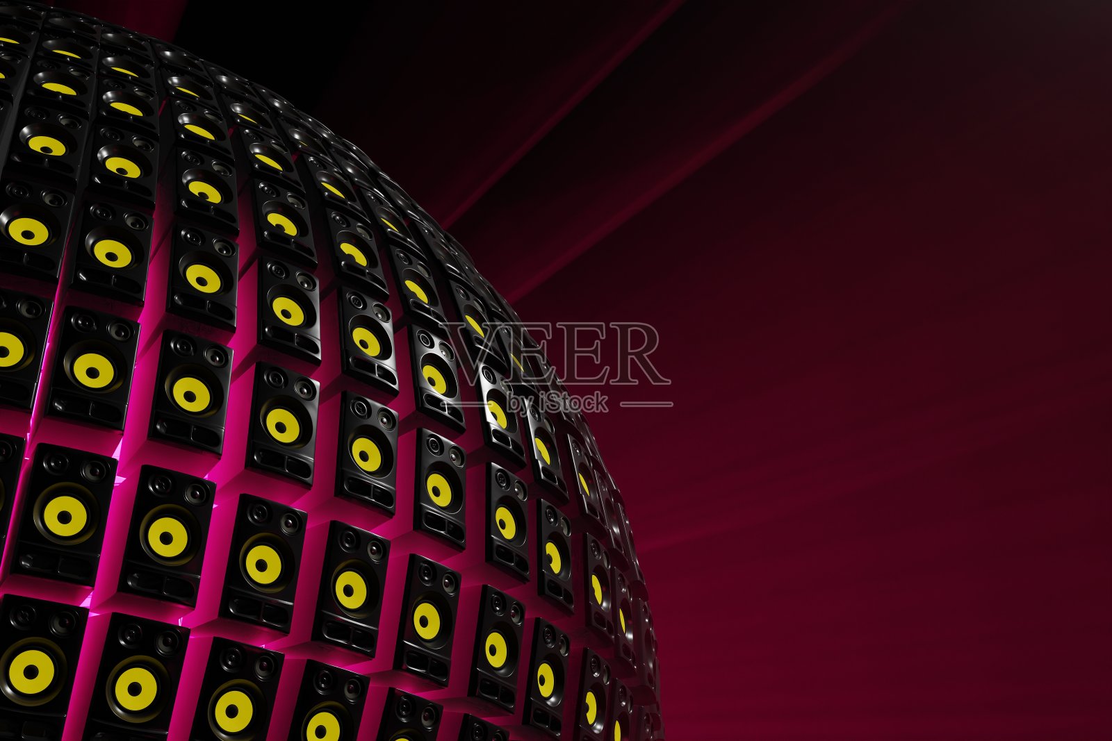 球体扬声器与彩色灯光。现场音乐会,音乐产业派对理念。数字3 d渲染。照片摄影图片