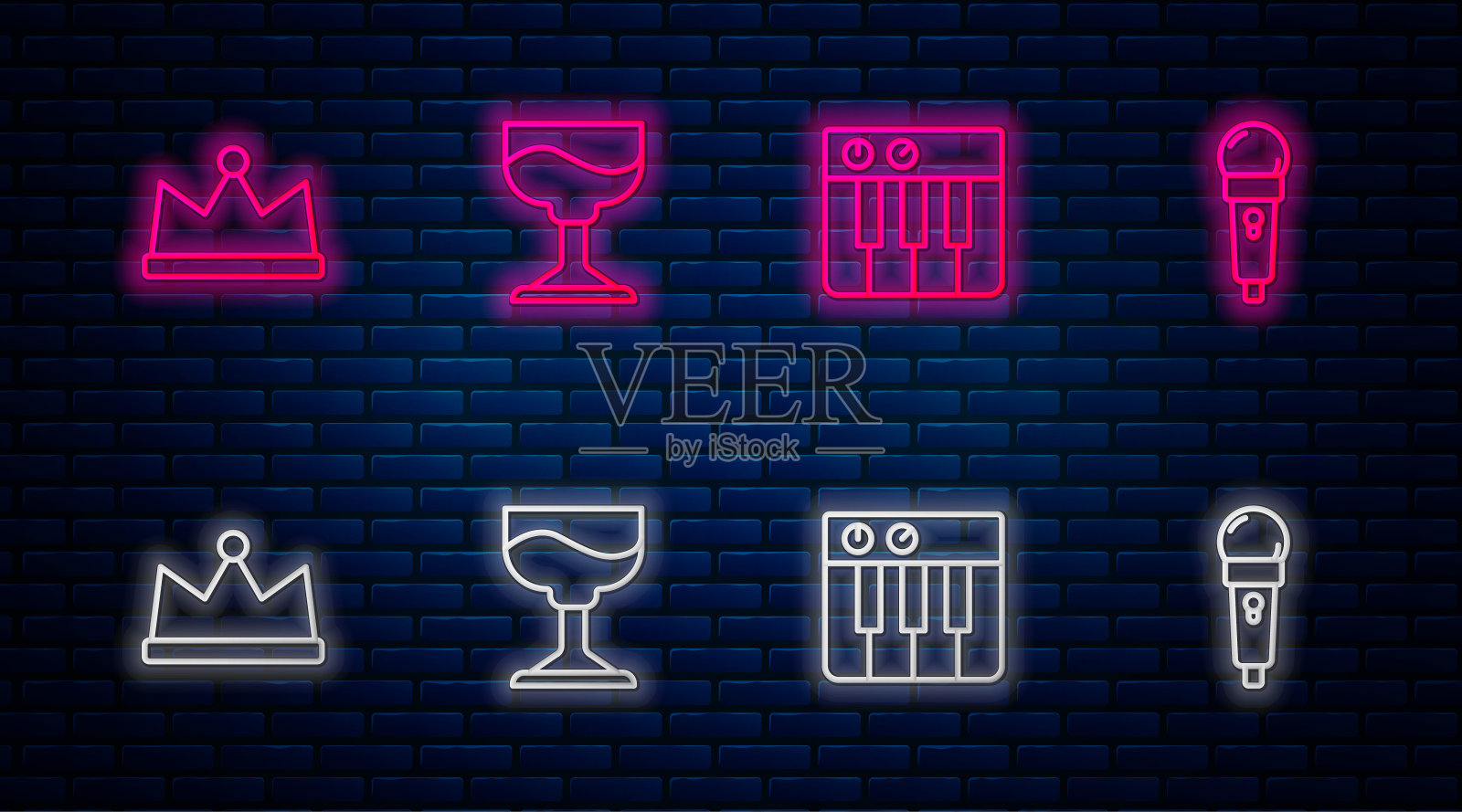 系列鸡尾酒,音乐合成器,皇冠和麦克风。砖墙上发光的霓虹灯图标。向量插画图片素材