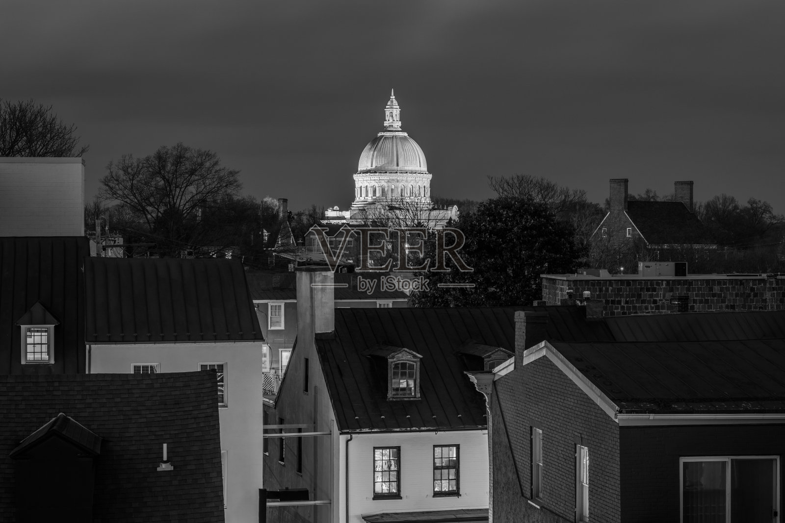 马里兰州安纳波利斯的美国海军学院教堂夜景。照片摄影图片
