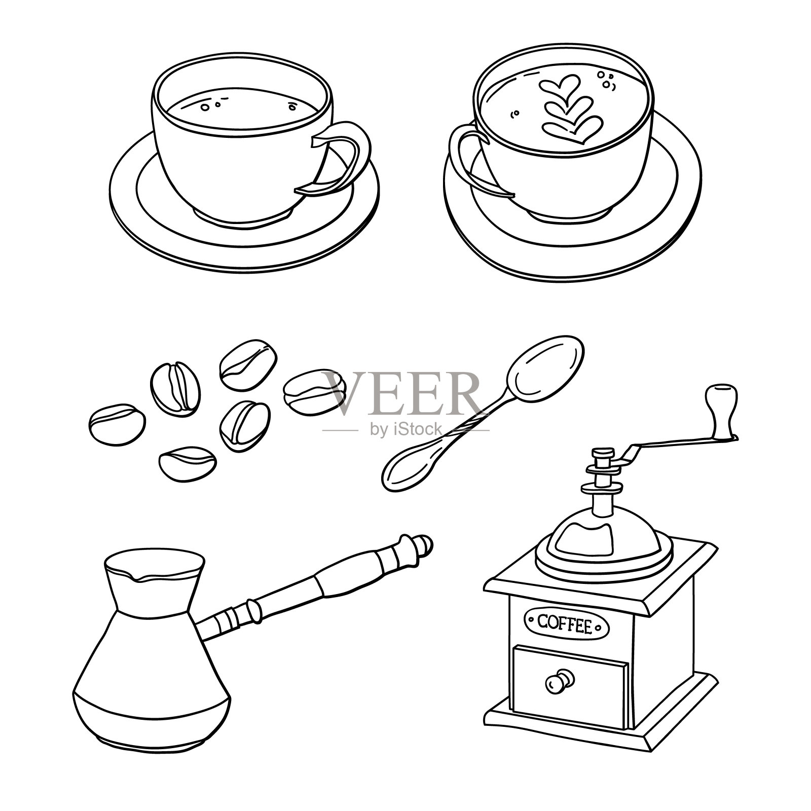 向量设置杯咖啡,咖啡豆,咖啡机,咖啡研磨机,勺子插画图片素材