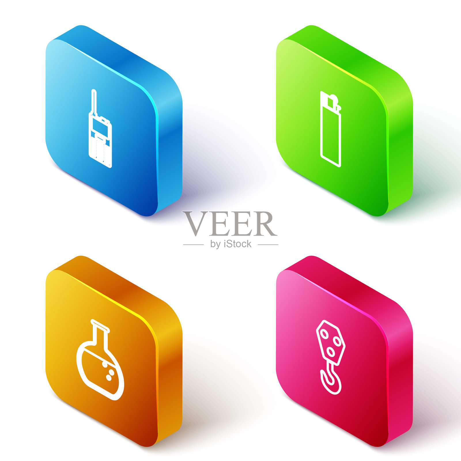 设置等距线对讲机,打火机,试管和烧瓶和工业钩图标。向量图标素材