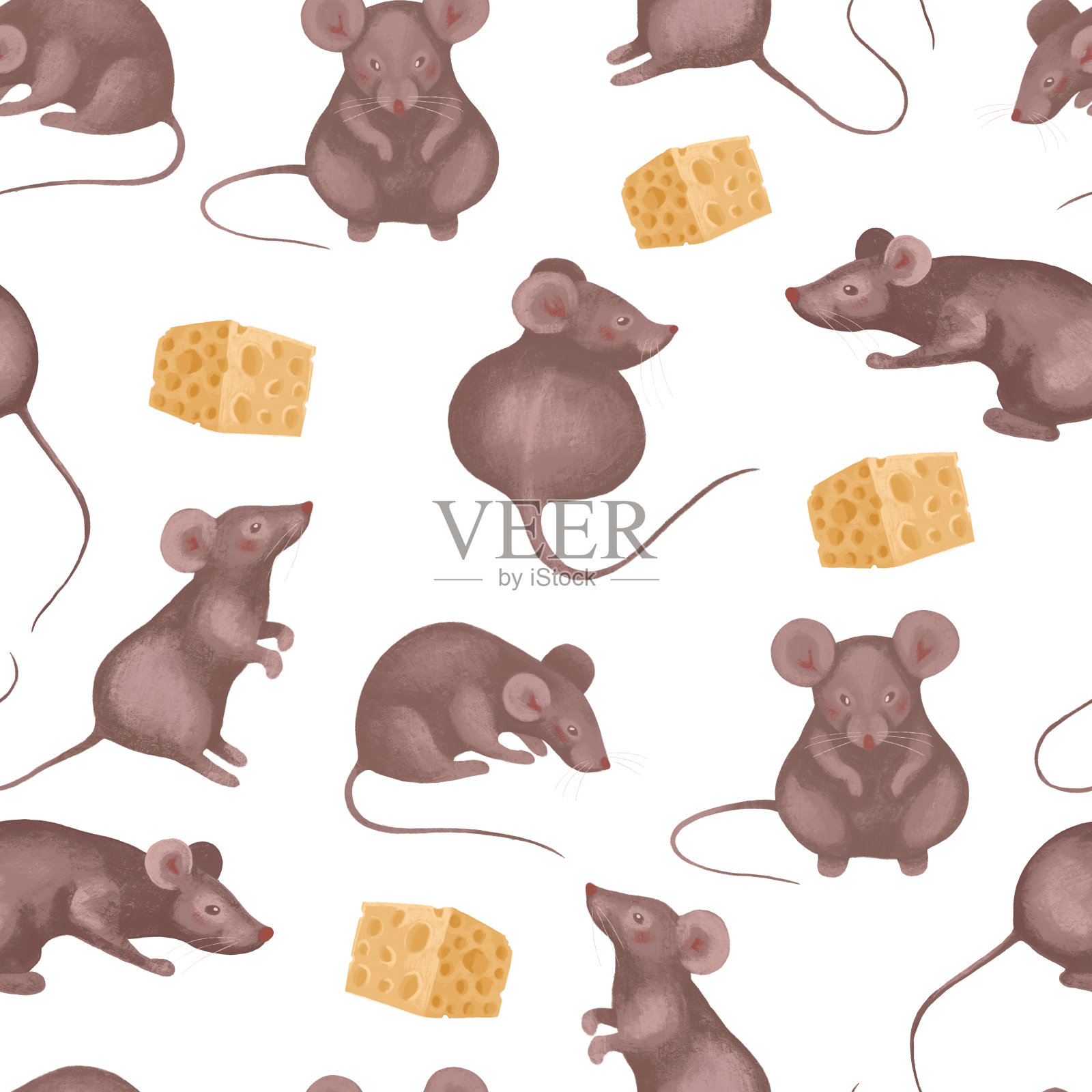 可爱的无缝模式。各种姿势的数字绘图鼠标和奶酪片。白色背景上的彩色图画。标志2020年墙纸。用于包装纸、织物、海报等。插画图片素材