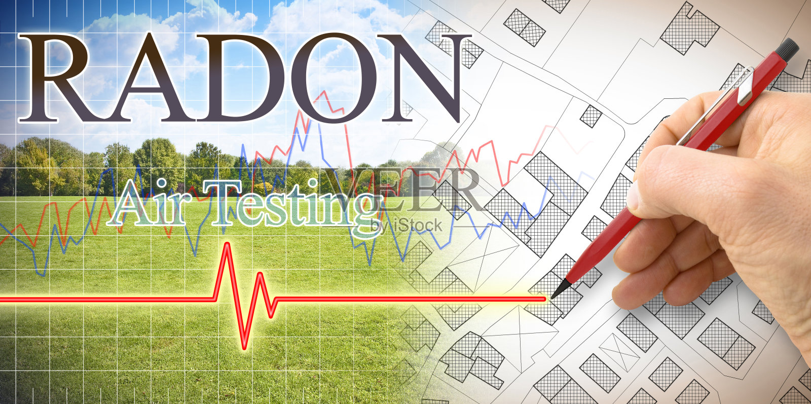 在建造前检测地基中氡气的存在-空气测试概念“用手画一个虚构城市的氡气存在图照片摄影图片