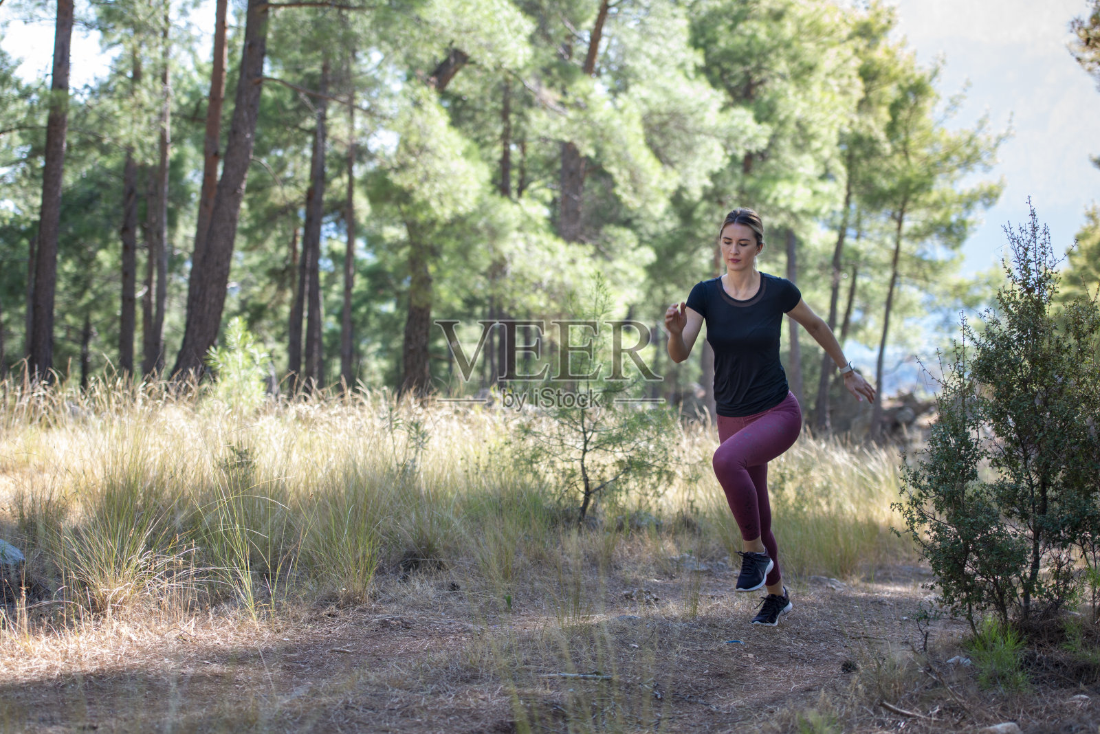 美丽的女运动员在森林里慢跑。照片摄影图片