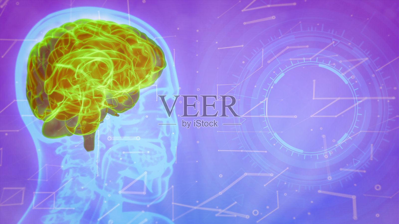 医学3D插图背景- holo人类头部图像高亮的大脑和空白的右边为您的高科技图像照片摄影图片