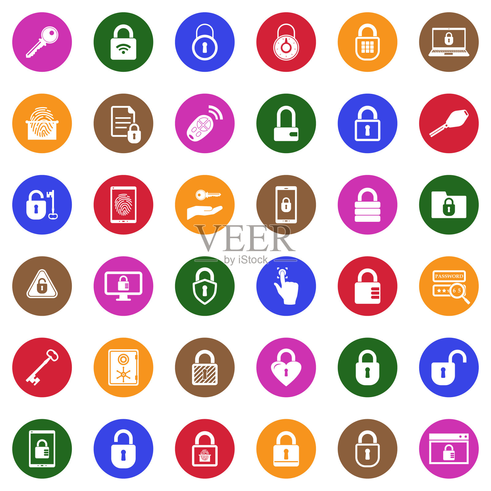 钥匙和锁图标。白色平面圆形设计。矢量插图。图标素材