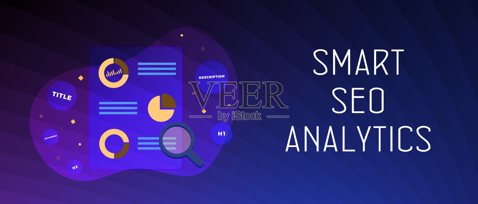 智能SEO分析水平概念。网页搜索引擎优化与网站分析和数字营销策略。标题和页脚横幅模板与文本在暗紫色的背景插画图片素材