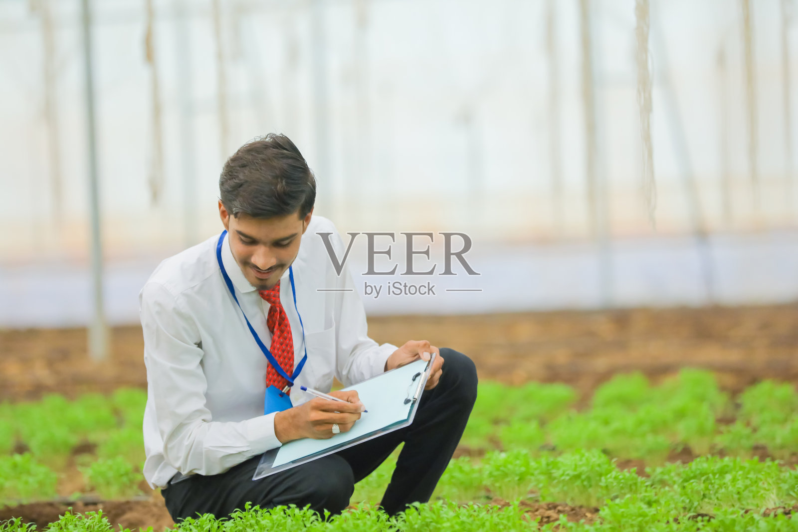 年轻的印度农学家在温室里用记事本收集信息照片摄影图片