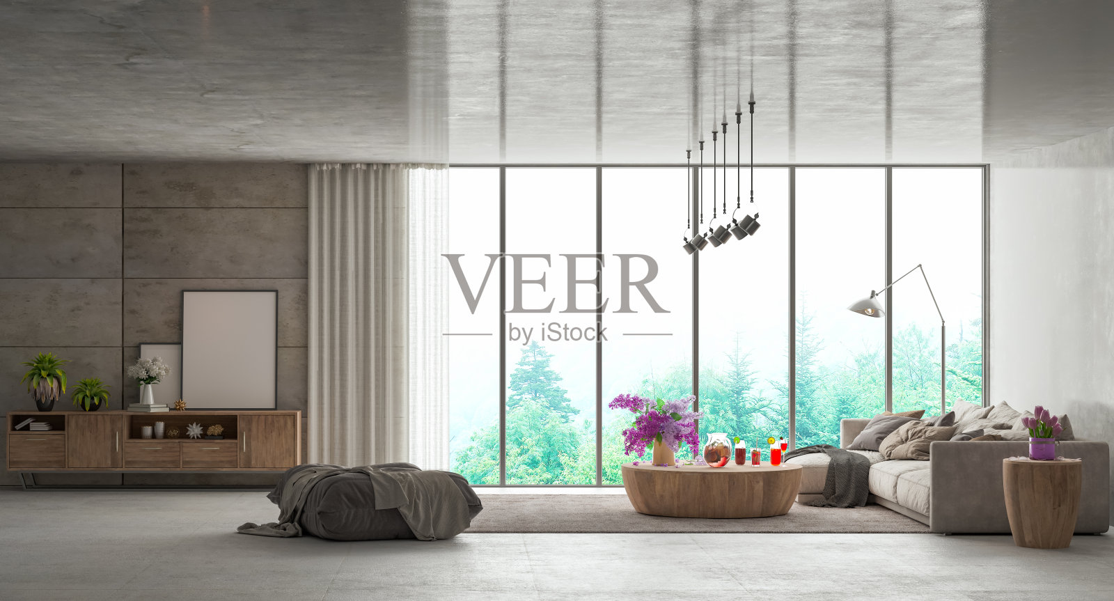 现代室内设计的背景是混凝土墙和地板的反射。照片摄影图片