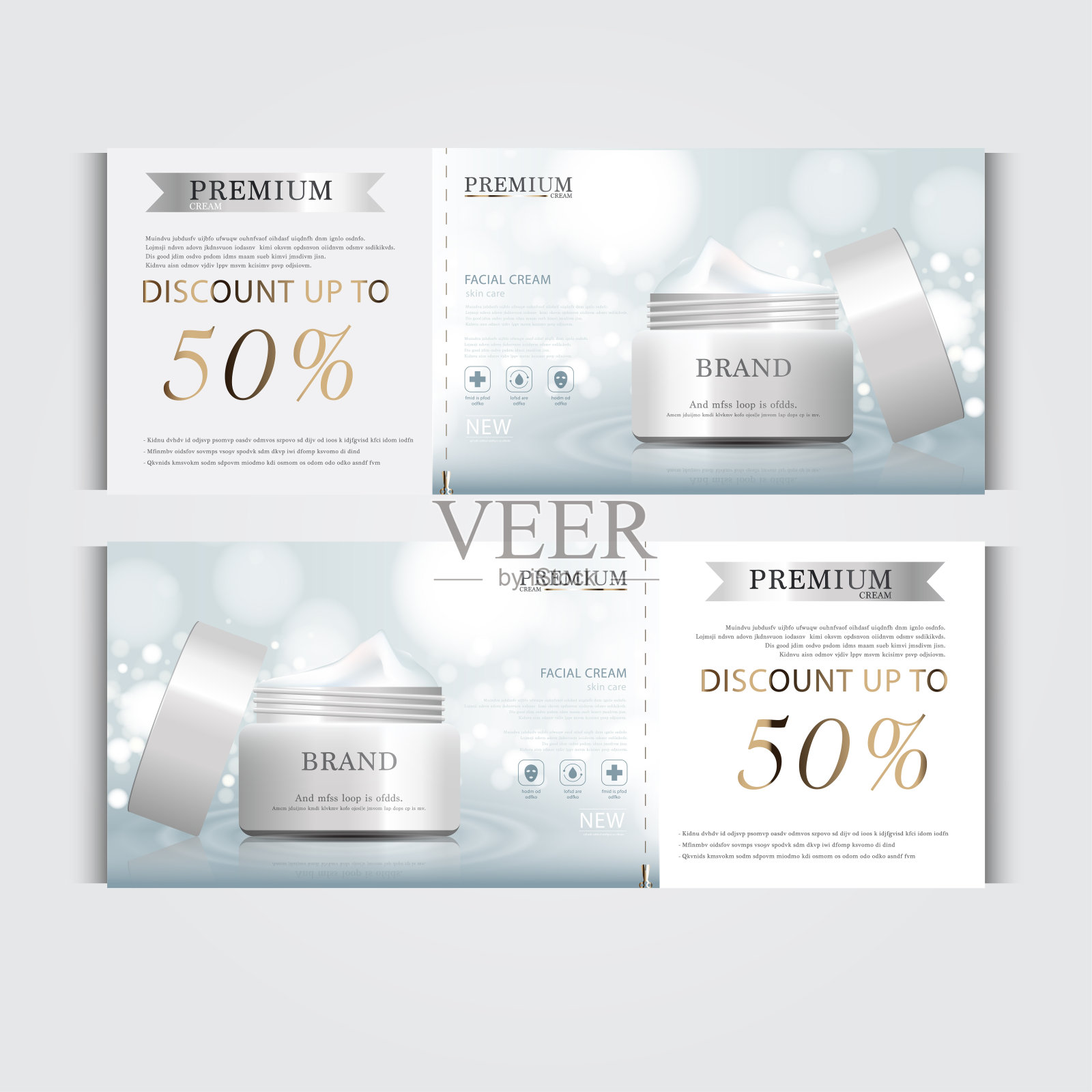 补水面霜年展或节日促销礼券。银和金膏面膜瓶隔离在亮片颗粒背景上。横幅优雅的化妆品广告,插图。插画图片素材