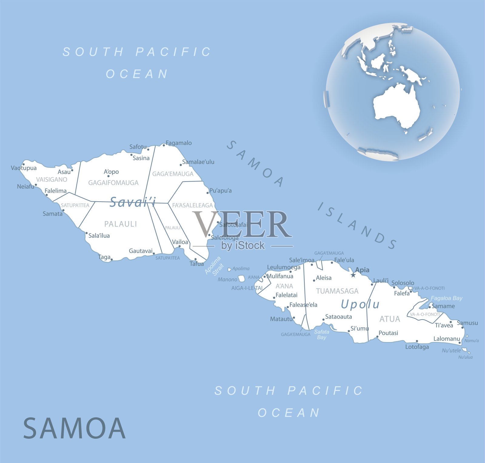 全球萨摩亚行政区划和位置的蓝灰色详细地图。插画图片素材
