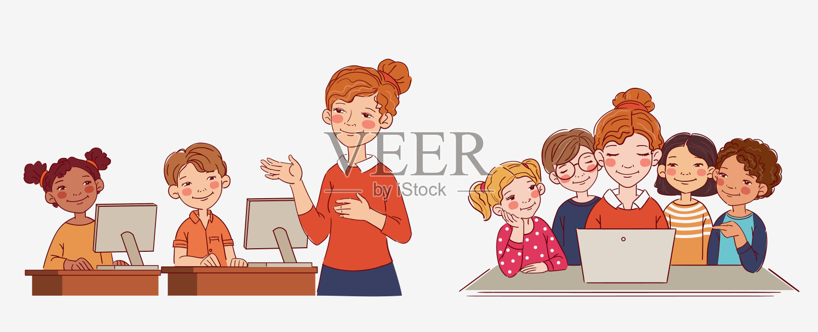 在计算机课上教孩子的老师。学校信息学课的概念。一群学生和老师在教室里看笔记本电脑插画图片素材