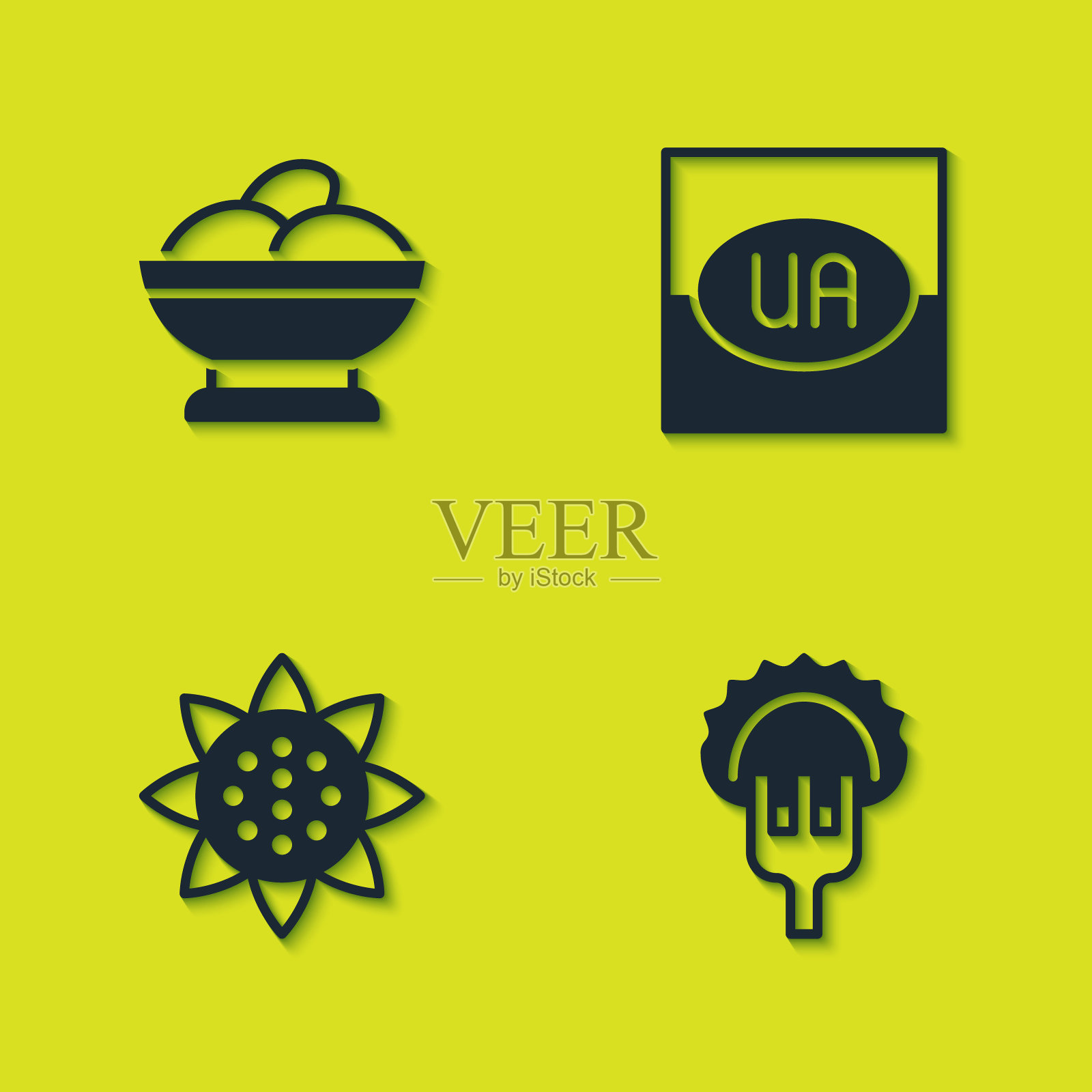 把Varenyky放在碗里,叉子上放着饺子,向日葵和乌克兰国旗。向量图标素材