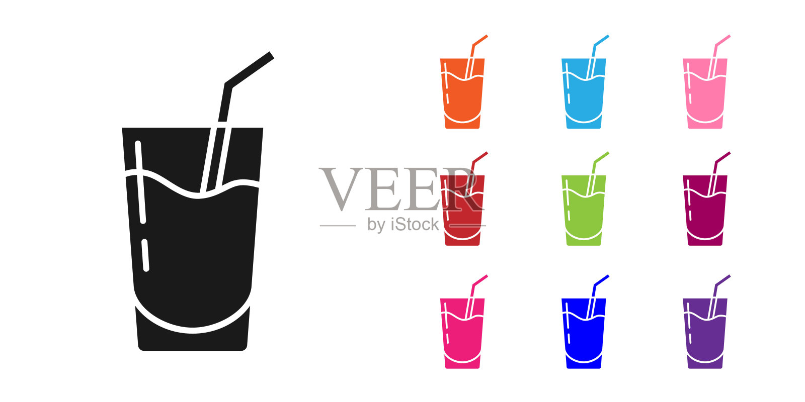 黑色鸡尾酒和酒精饮料图标孤立在白色背景。设置图标丰富多彩。向量插画图片素材