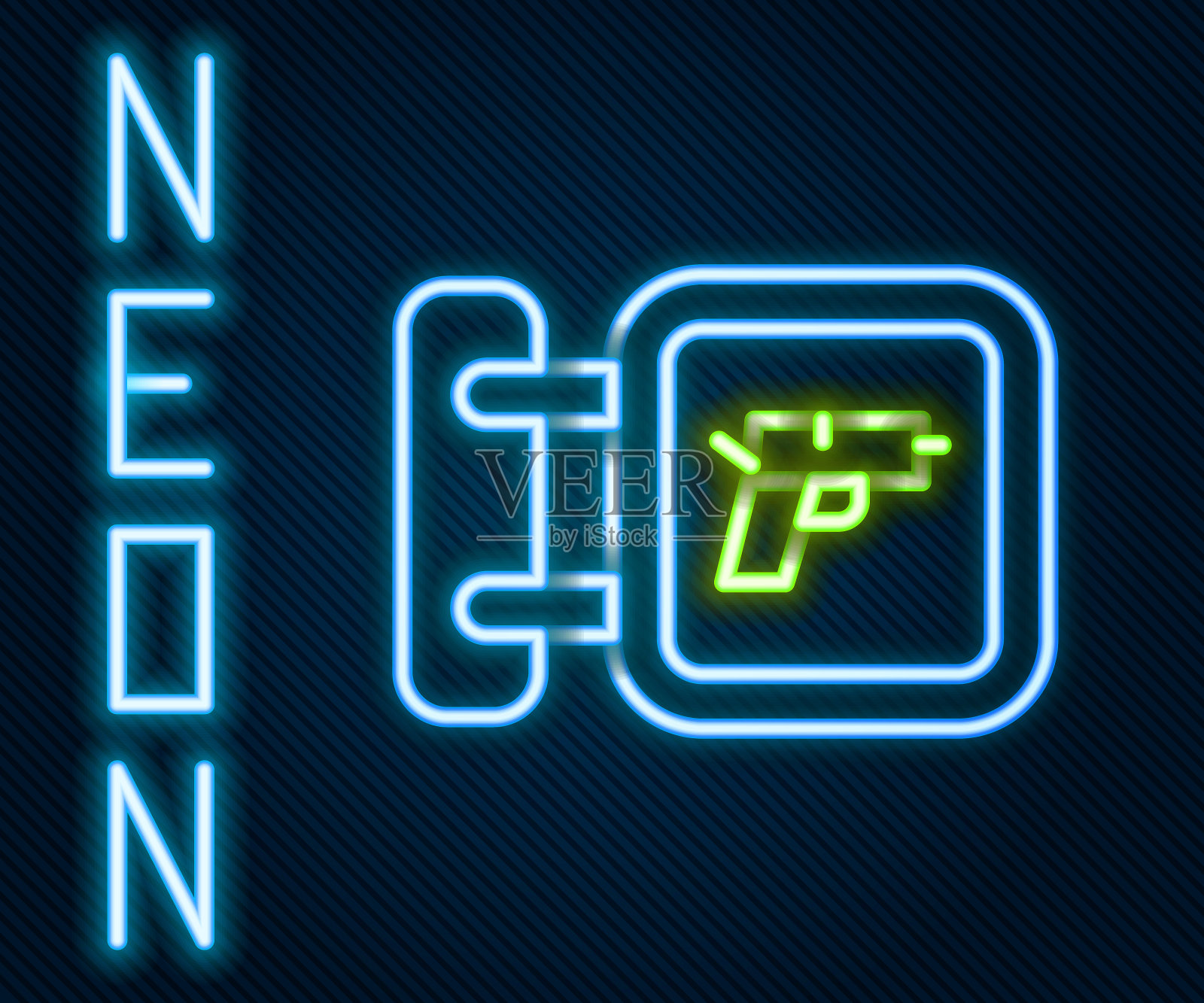 发光的霓虹灯线狩猎店与步枪和枪支武器图标隔离在黑色背景上。拥有武器装备的超市或商店。彩色轮廓概念。向量插画图片素材