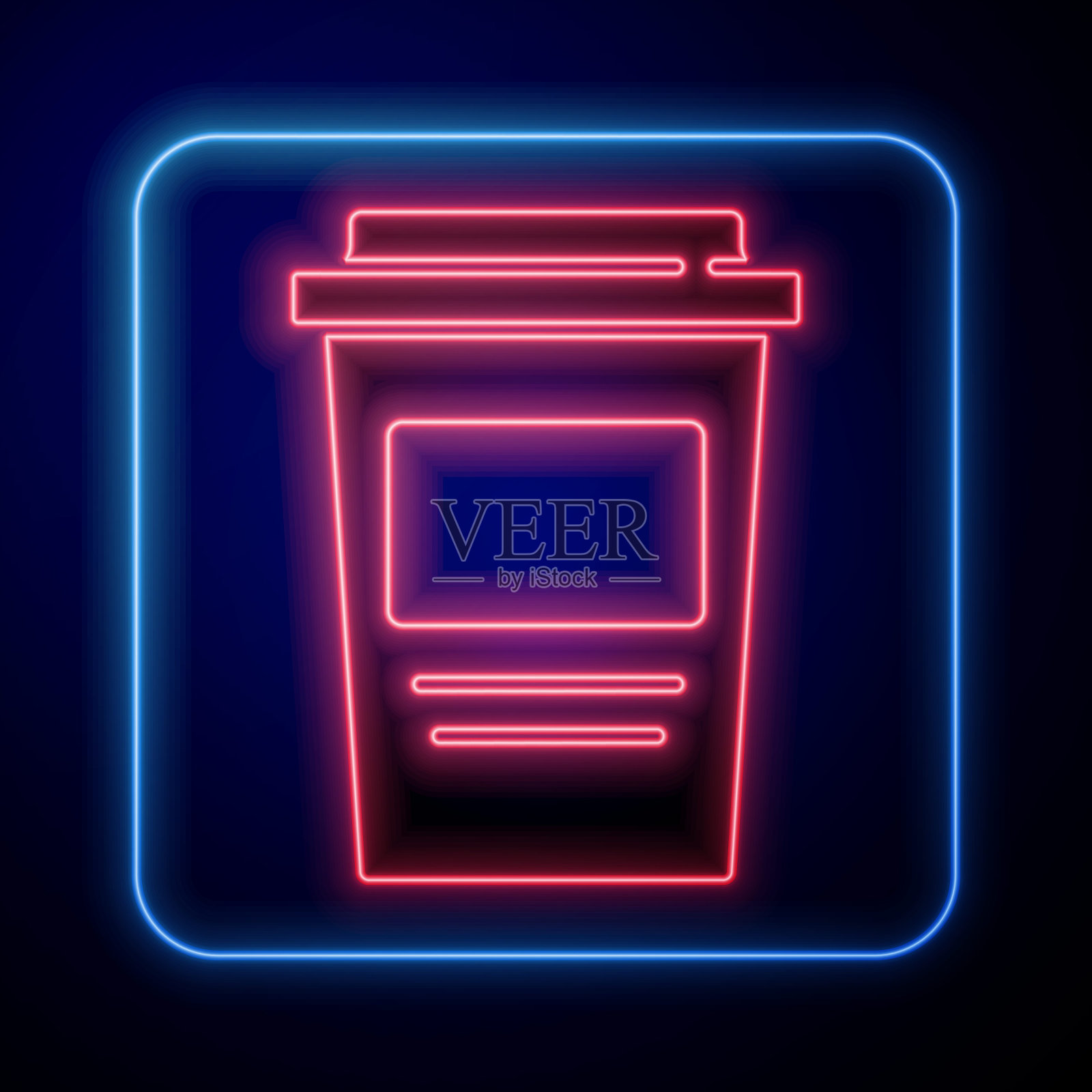 发光的霓虹灯咖啡杯去图标孤立的蓝色背景。向量插画图片素材