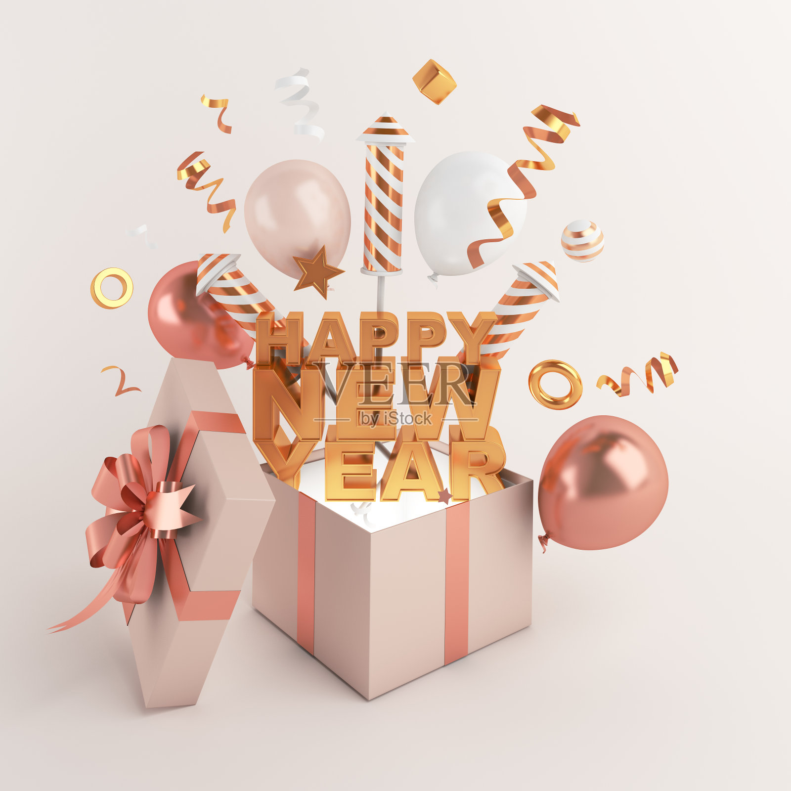 新年快乐2021文字背景概念礼盒,烟花火箭,气球,丝带,3D渲染插图照片摄影图片