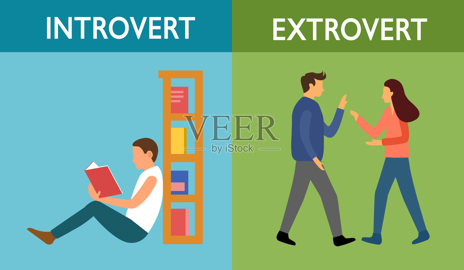 内向性格和外向性格性格概念向量说明。内向的人喜欢独自读书。外向的人很健谈,喜欢结识新朋友。插画图片素材