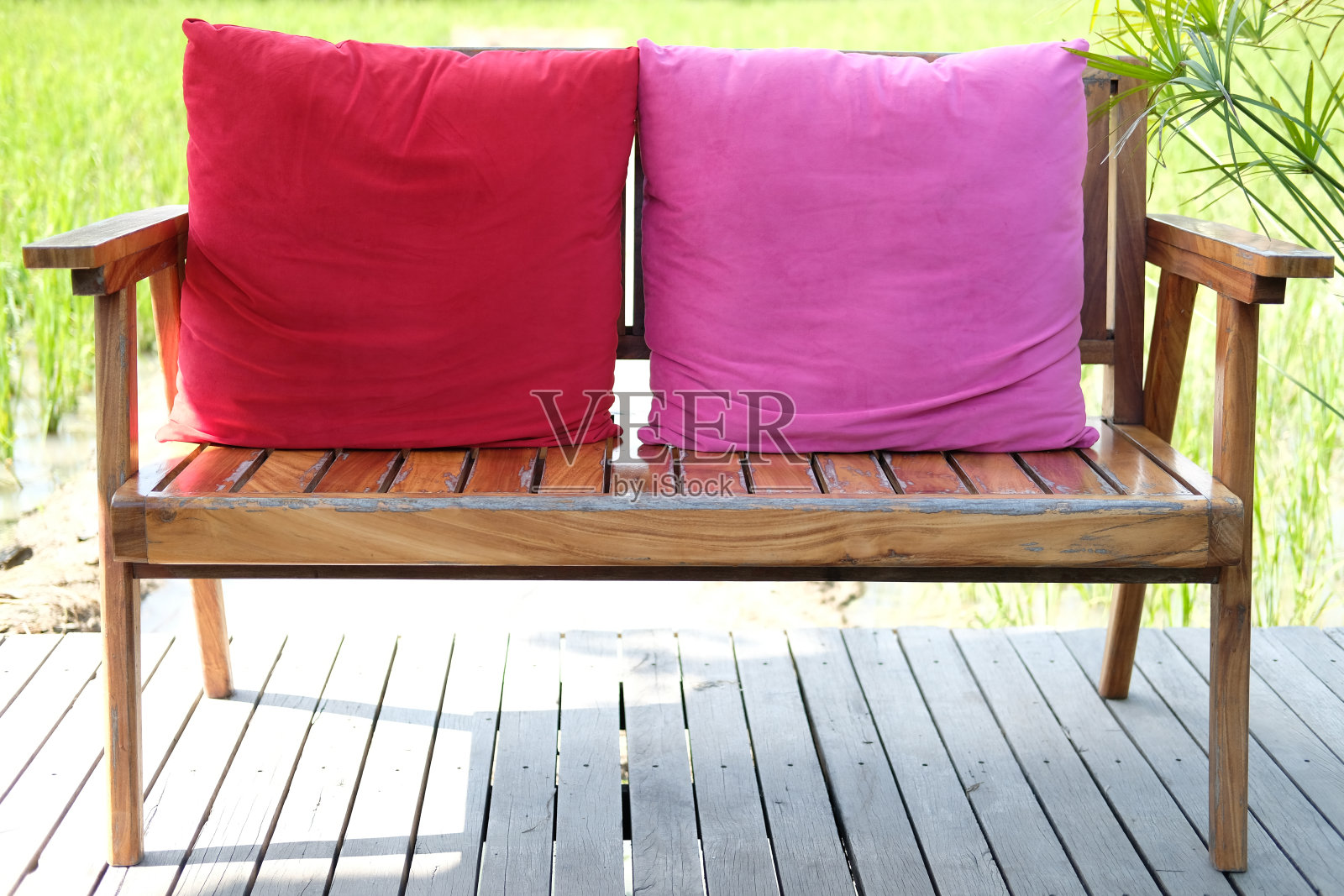 稻田里的露台上的木椅长椅照片摄影图片