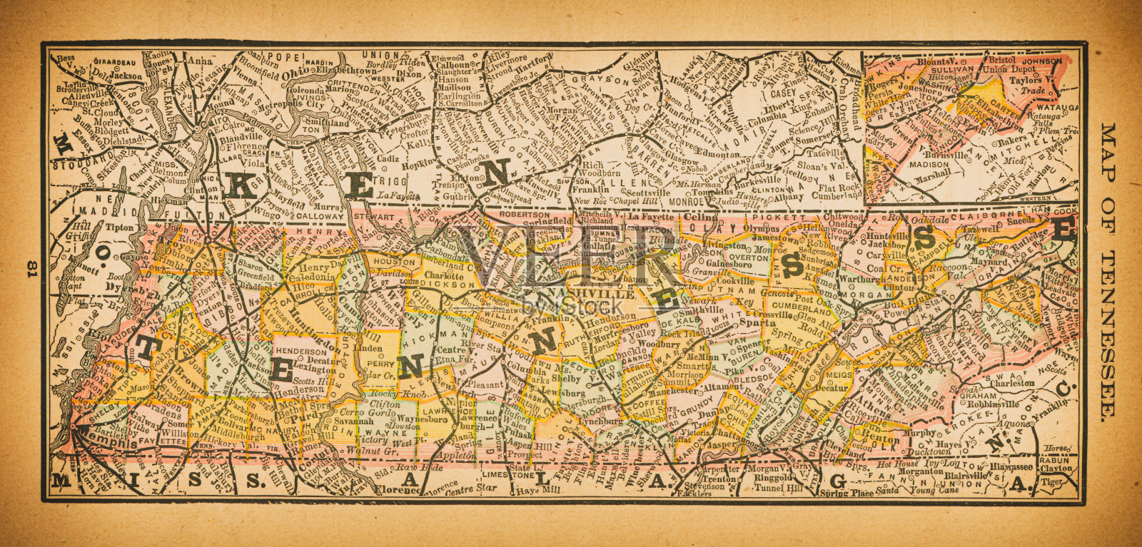 19世纪的田纳西地图插画图片素材