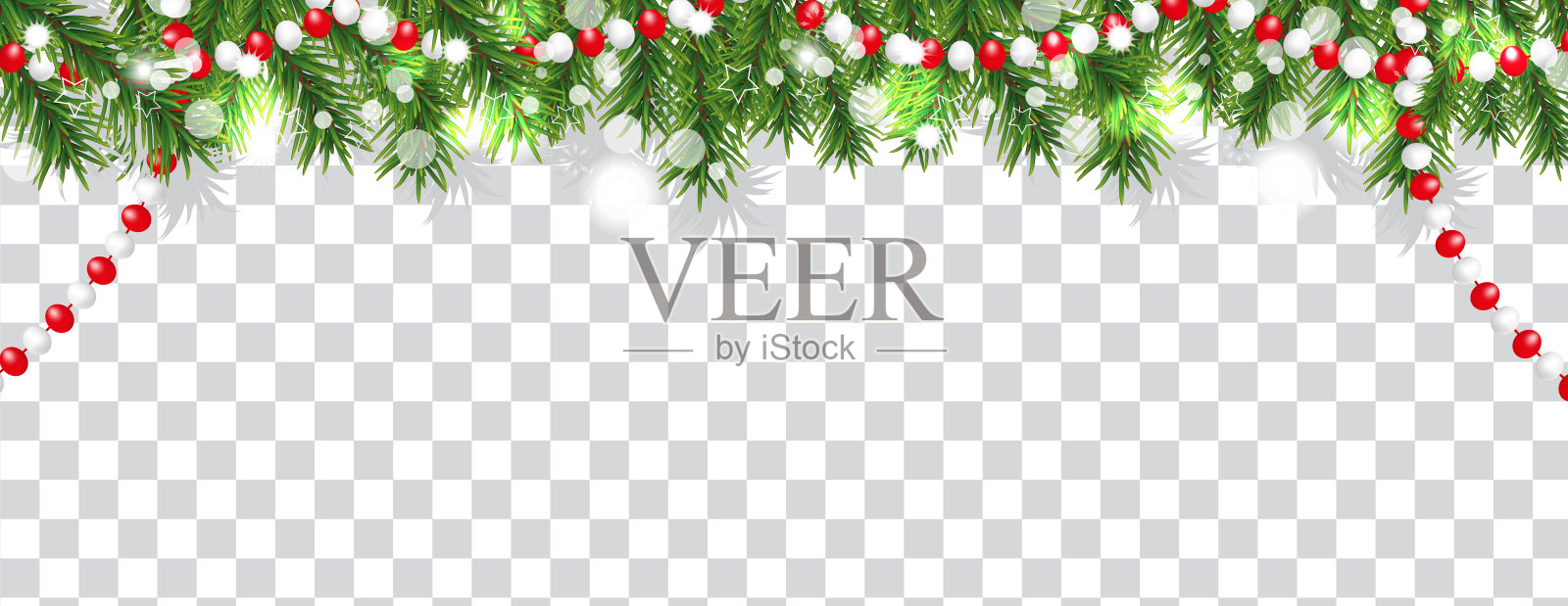 圣诞节和快乐新年的边界,圣诞树的树枝和珠子上透明的背景。节日装饰。向量插画图片素材