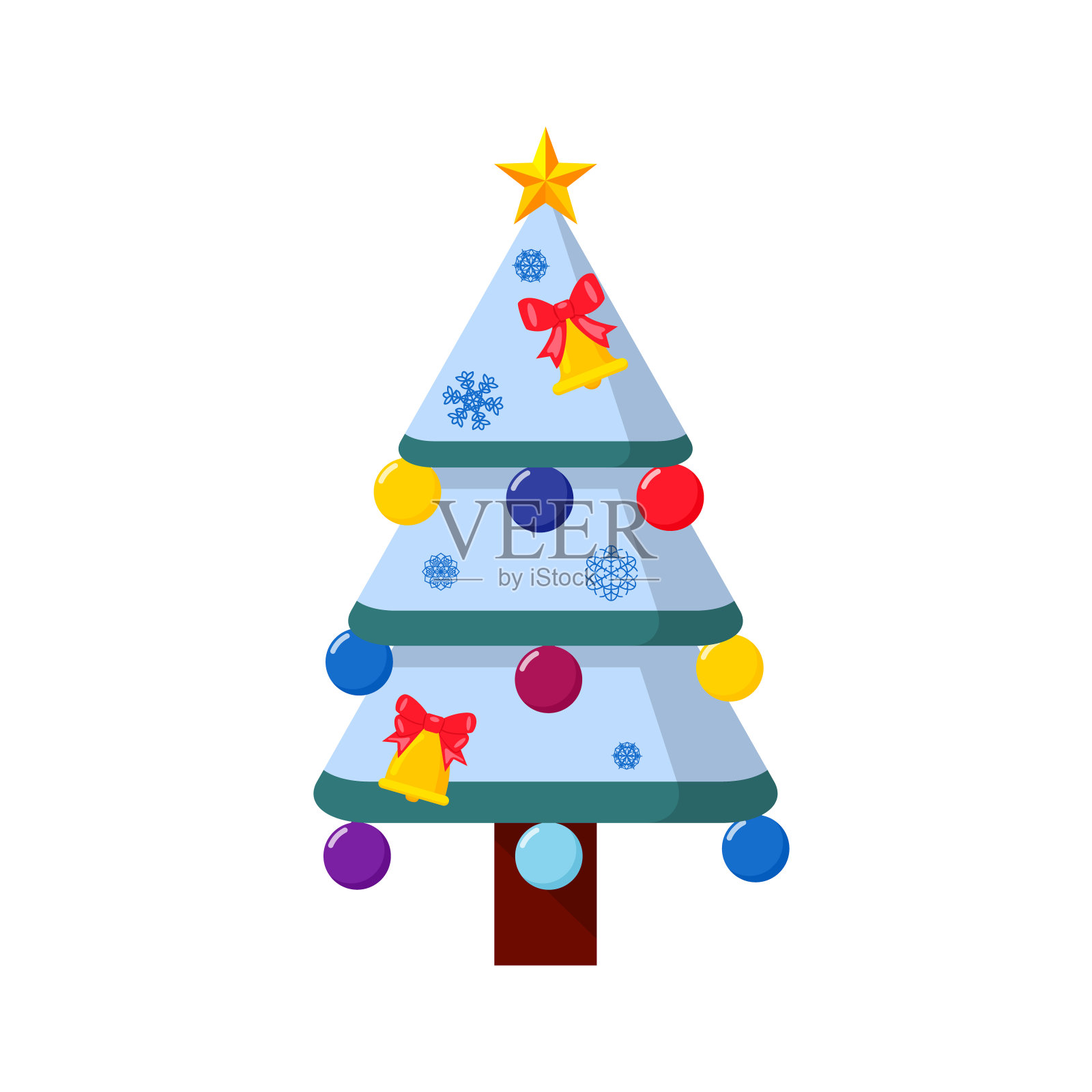 圣诞树上有彩球、雪花、丝带、蝴蝶结和铃铛插画图片素材