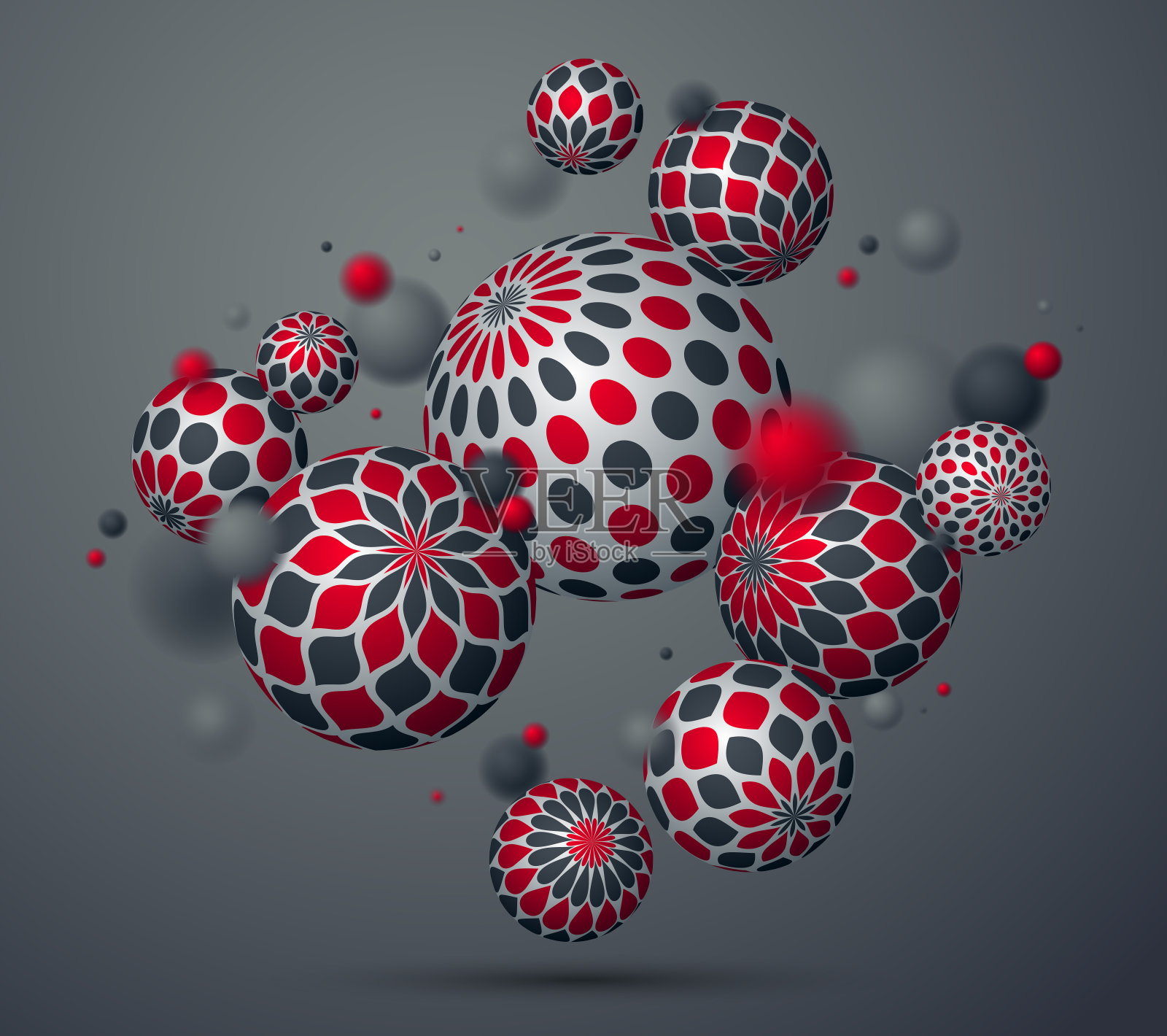 逼真的装饰球体矢量插图,抽象的背景与美丽的球与模式和景深效果,3D球体设计概念艺术。插画图片素材