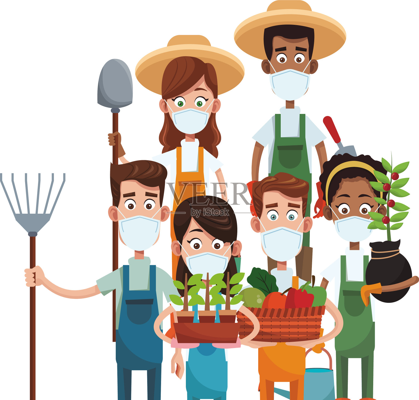 农民戴着医用口罩和工具插画图片素材